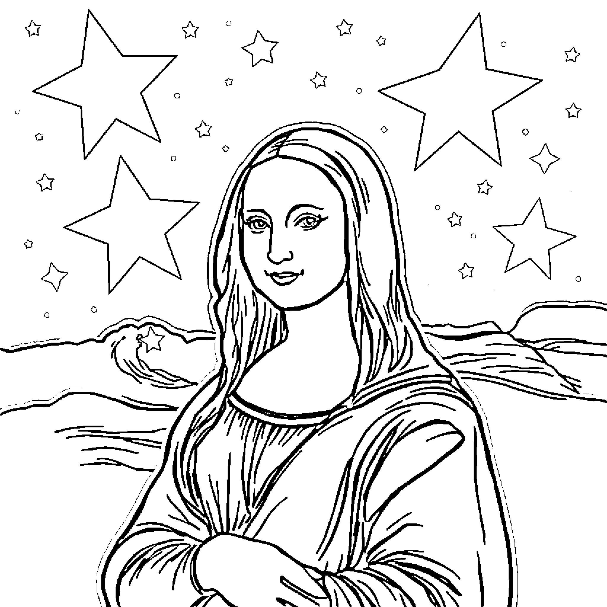 Mona Lisa gazes at the starry night sky Coloring Page (free black-and-white line drawing printable PDF for all, from beginners to advanced learners, including children, teens, adults, and seniors)