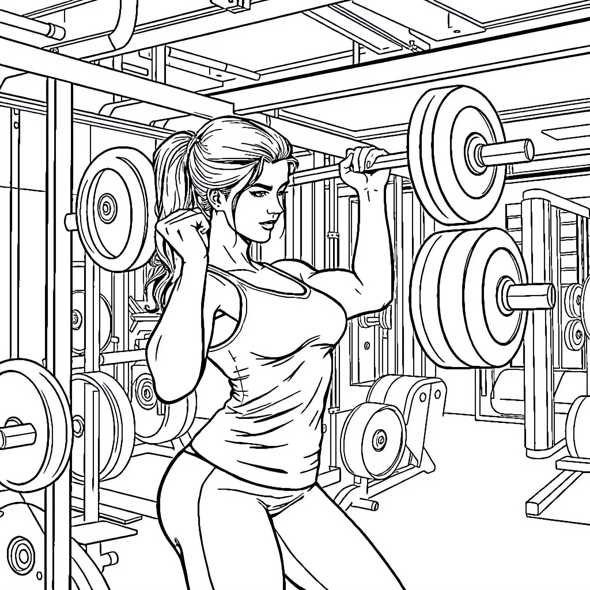 Woman lifting weights in a gym Coloring Page (free black-and-white line drawing printable PDF for all, from beginners to advanced learners, including children, teens, adults, and seniors)