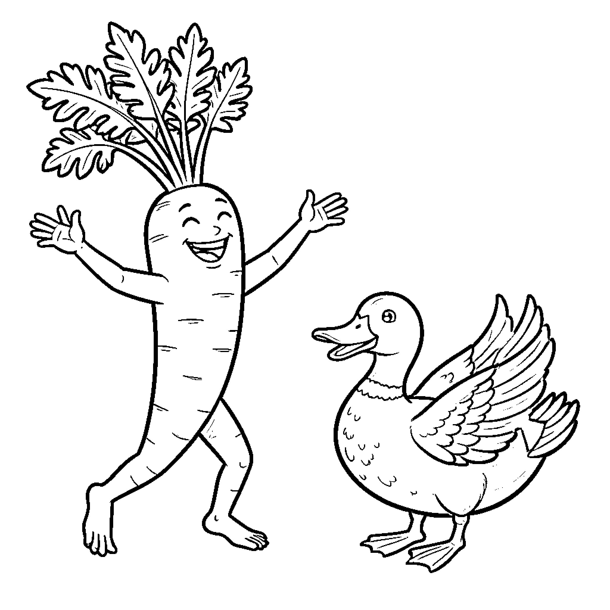 Carrot character dancing joyfully with duck Coloring Page (free black-and-white line drawing printable PDF for all, from beginners to advanced learners, including children, teens, adults, and seniors)