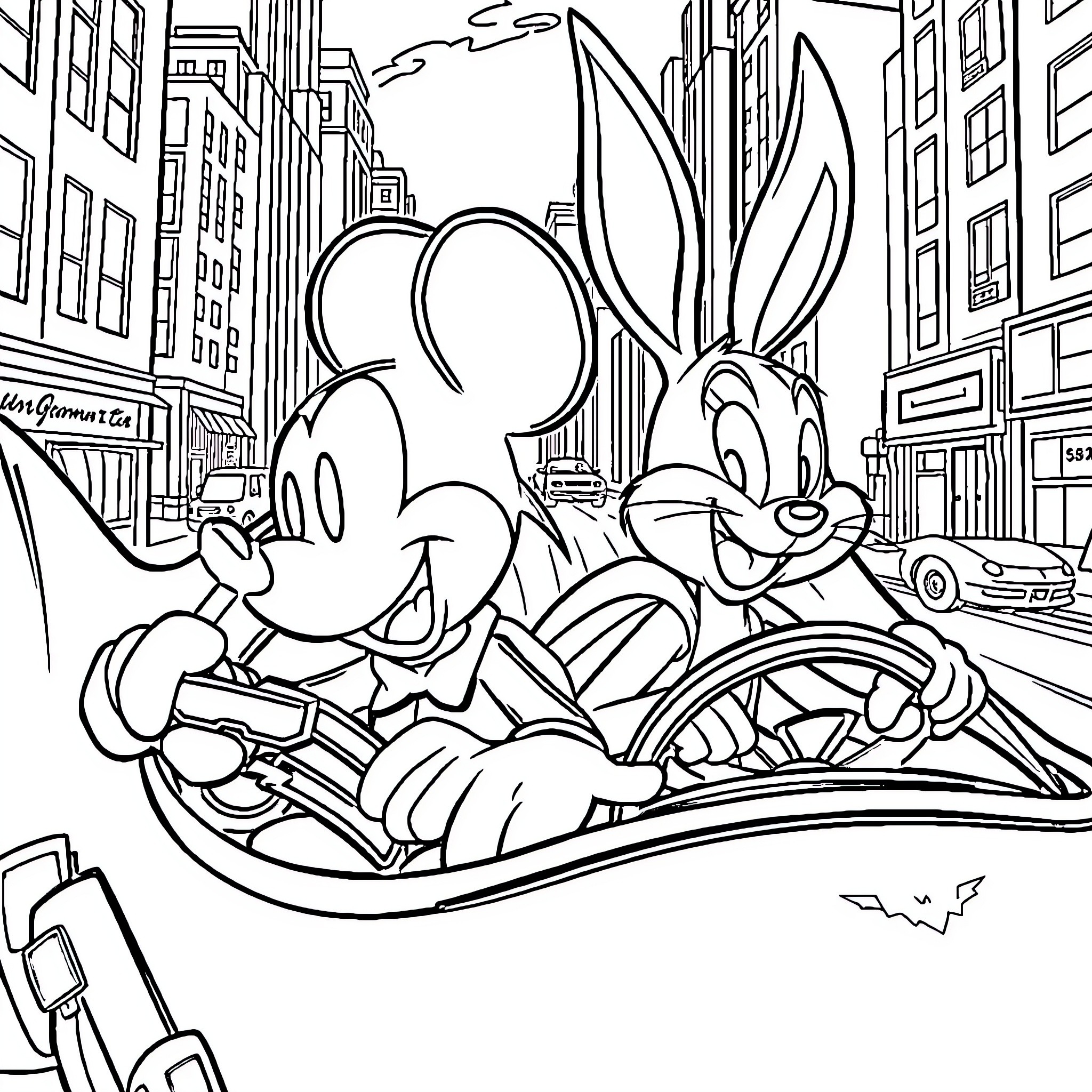 Mickey Mouse and Bugs Bunny Driving in the City Coloring Page (free black-and-white line drawing printable PDF for all, from beginners to advanced learners, including children, teens, adults, and seniors)