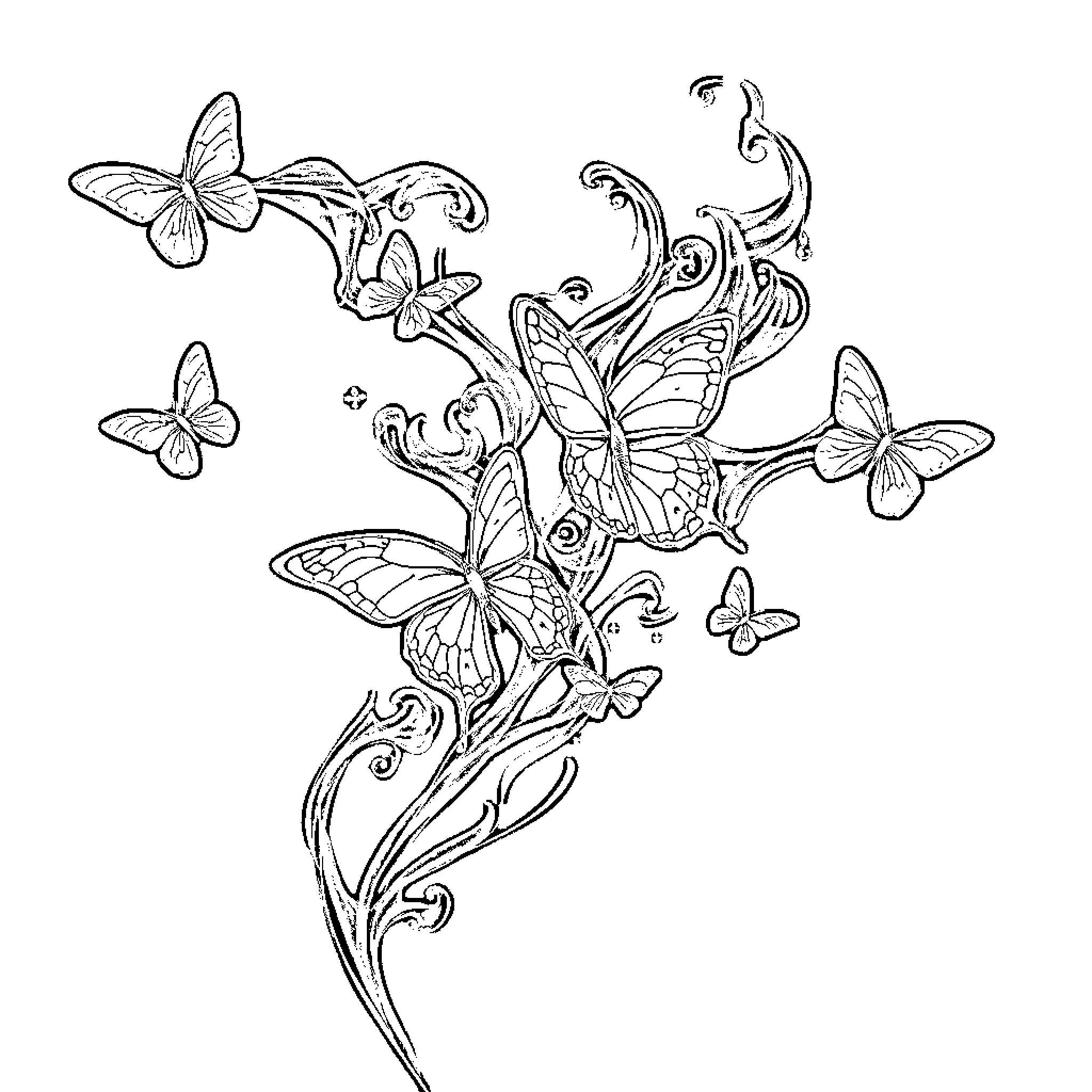 Butterfly Swarm in Decorative Flourish Coloring Page (free black-and-white line drawing printable PDF for all, from beginners to advanced learners, including children, teens, adults, and seniors)