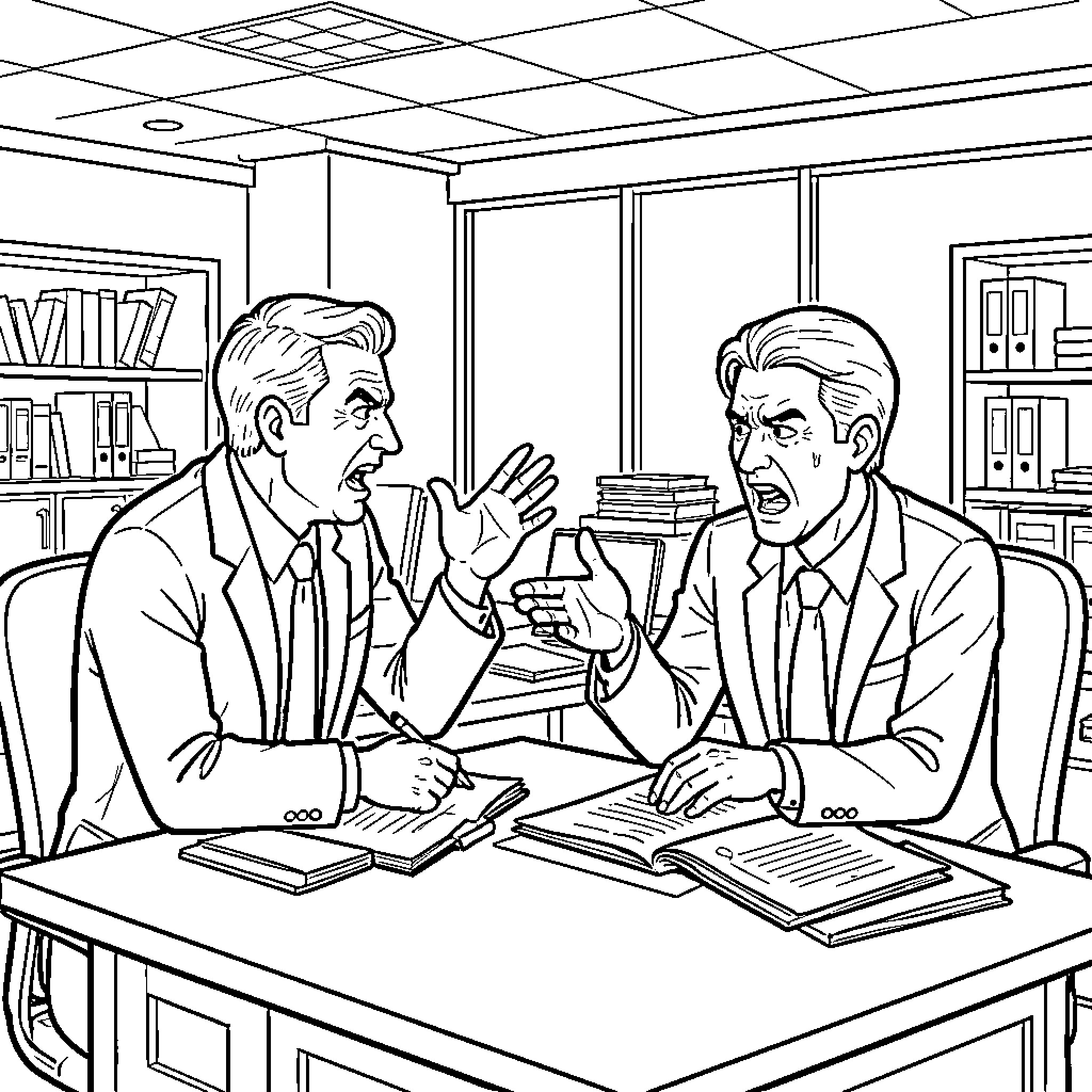 Accountant arguing intensely over paperwork at a desk Coloring Page (free black-and-white line drawing printable PDF for all, from beginners to advanced learners, including children, teens, adults, and seniors)