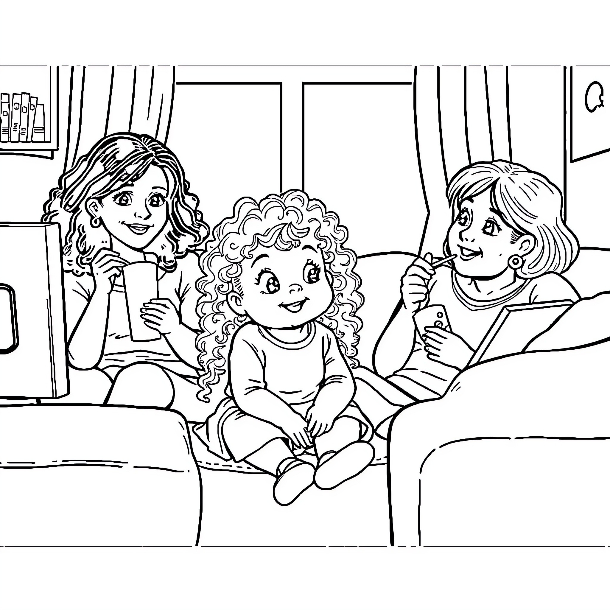 Girl Relaxing with Toys on Couch Coloring Page (free black-and-white line drawing printable PDF for all, from beginners to advanced learners, including children, teens, adults, and seniors)