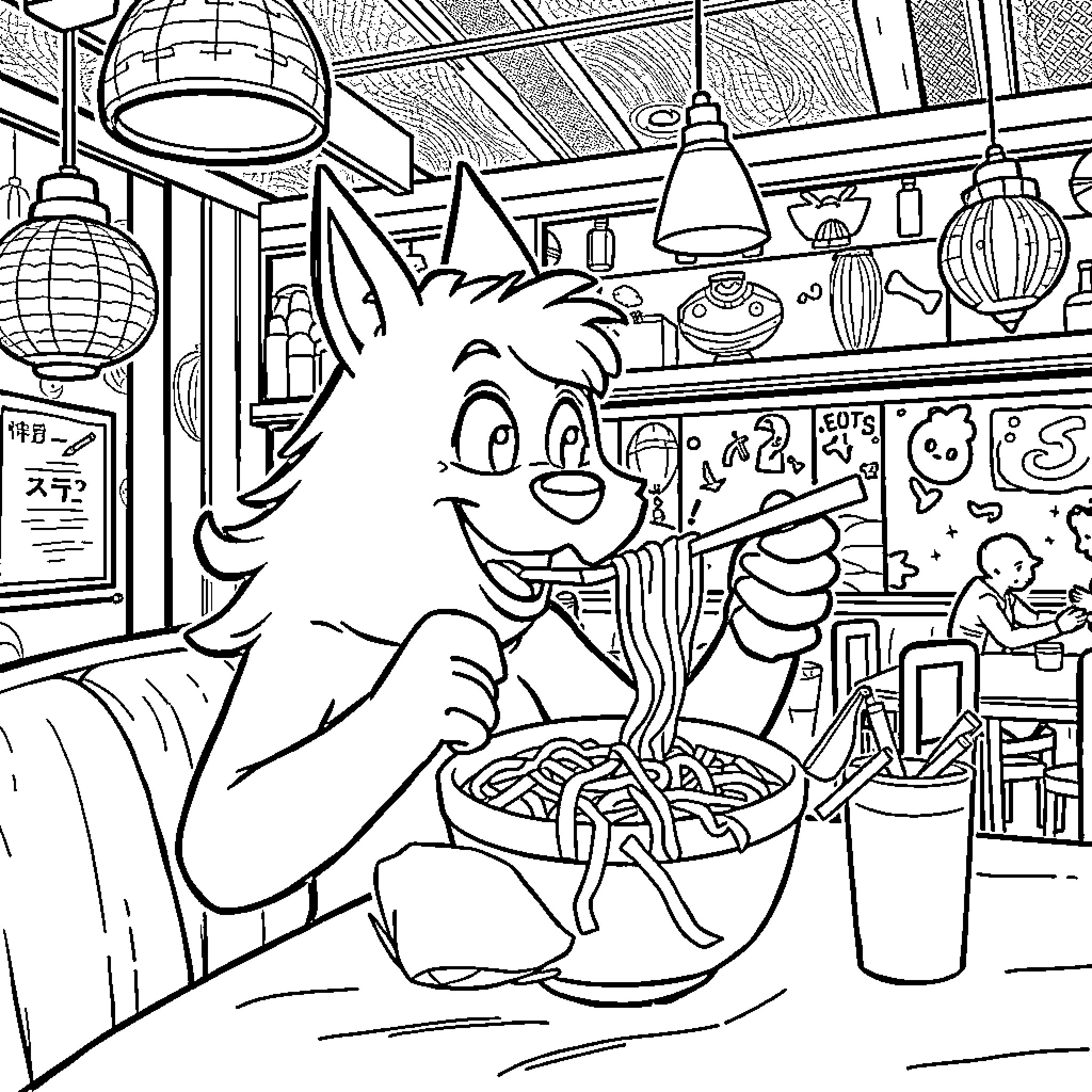Huntrix Enjoys Hearty Meal in Cozy Cafe Coloring Page (free black-and-white line drawing printable PDF for all, from beginners to advanced learners, including children, teens, adults, and seniors)