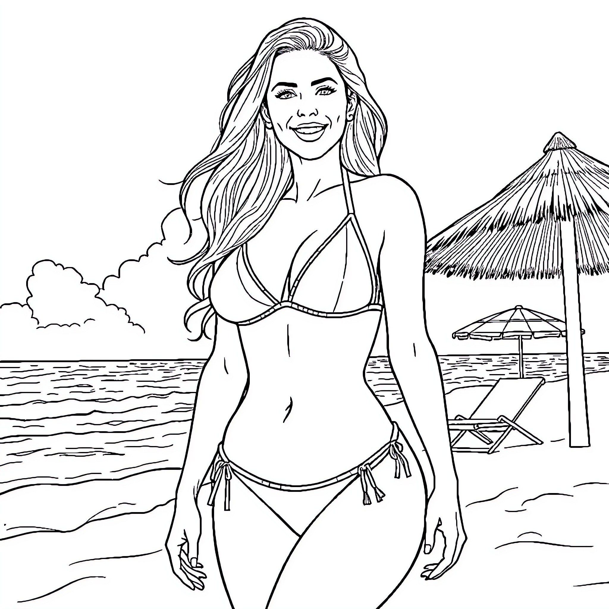 Angela White at the Beach in a Swimsuit Coloring Page (free black-and-white line drawing printable PDF for all, from beginners to advanced learners, including children, teens, adults, and seniors)