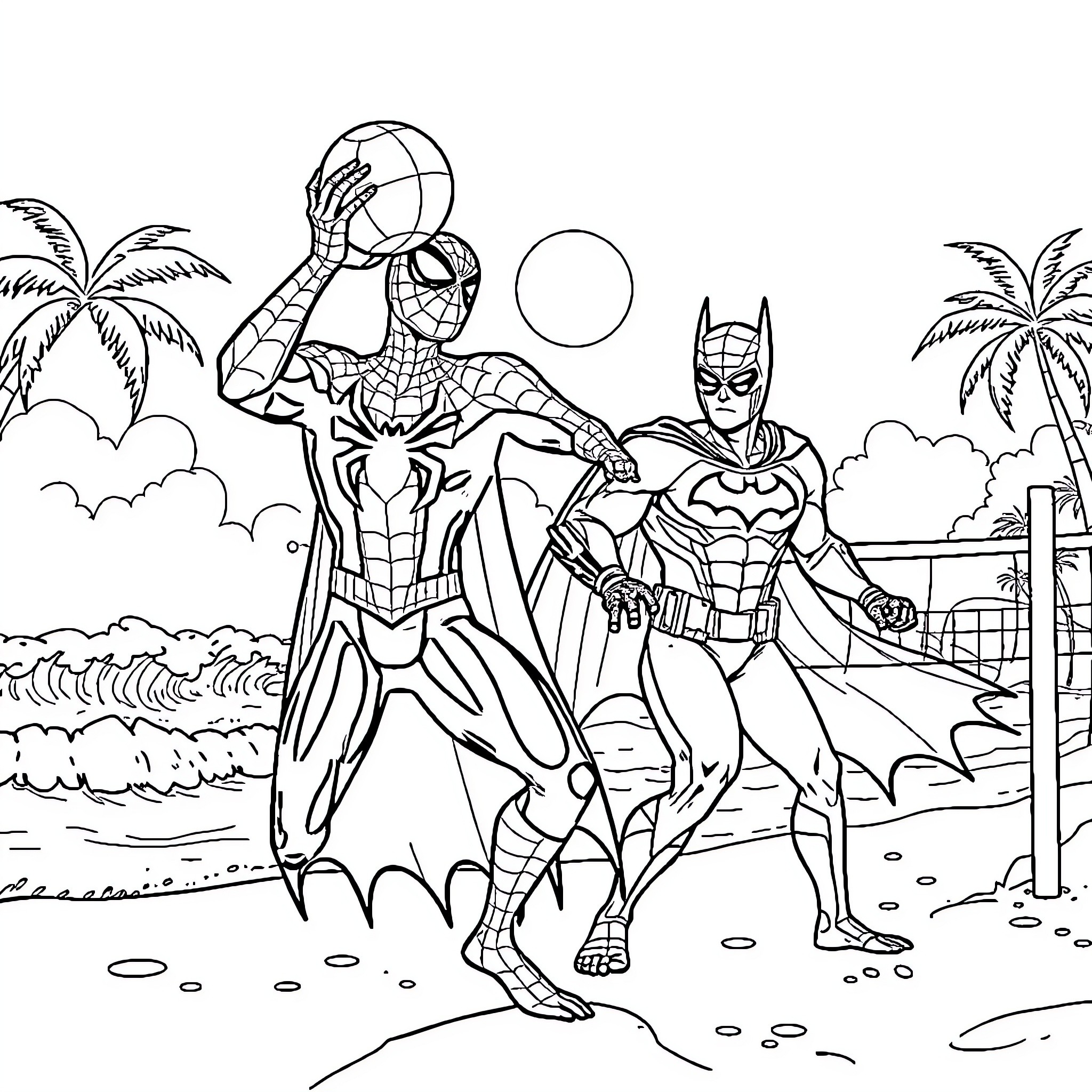 Spiderman and Batman on a tropical adventure Coloring Page (free black-and-white line drawing printable PDF for all, from beginners to advanced learners, including children, teens, adults, and seniors)