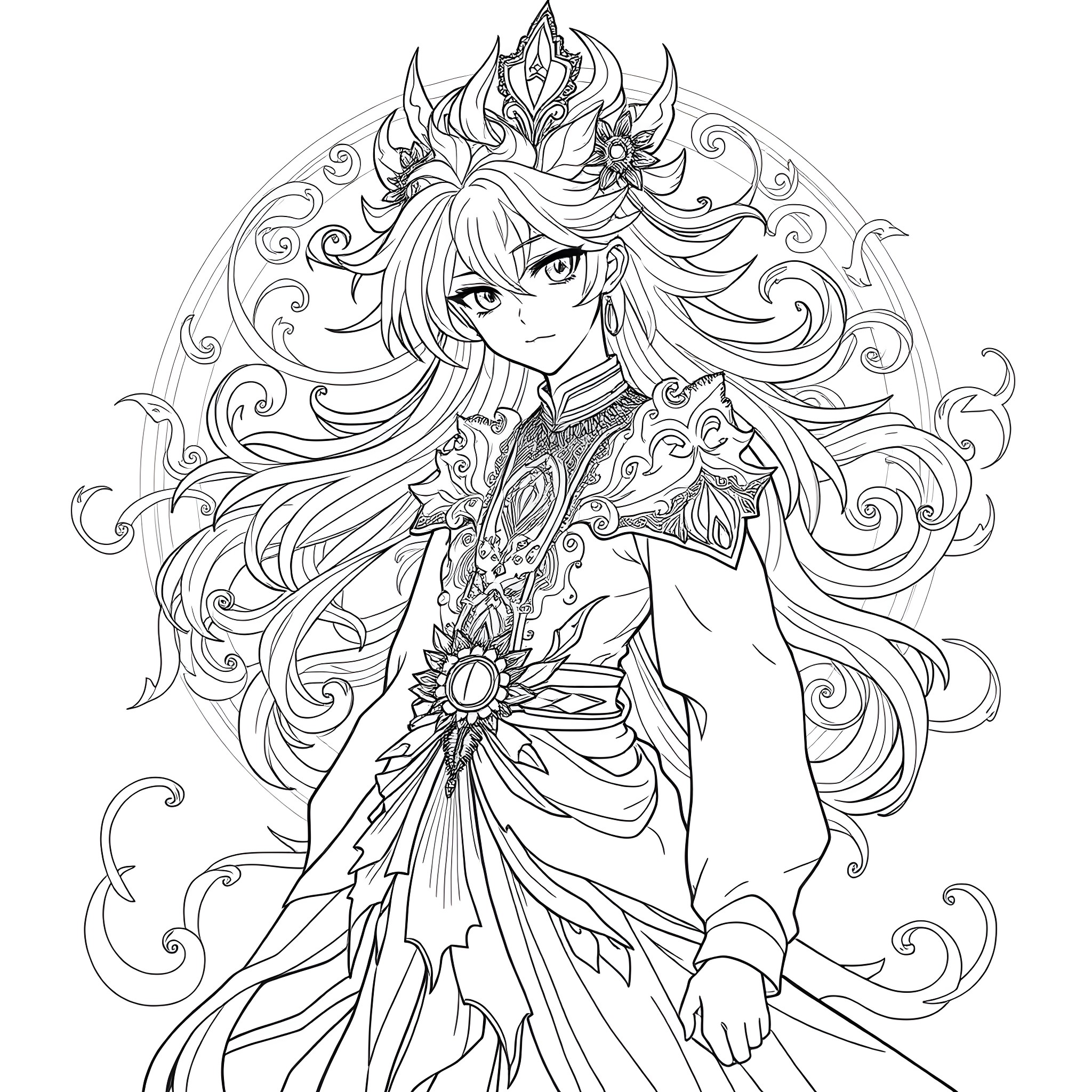 Human wearing an ornate, fantastical outfit with intricate patterns Coloring Page (free black-and-white line drawing printable PDF for all, from beginners to advanced learners, including children, teens, adults, and seniors)