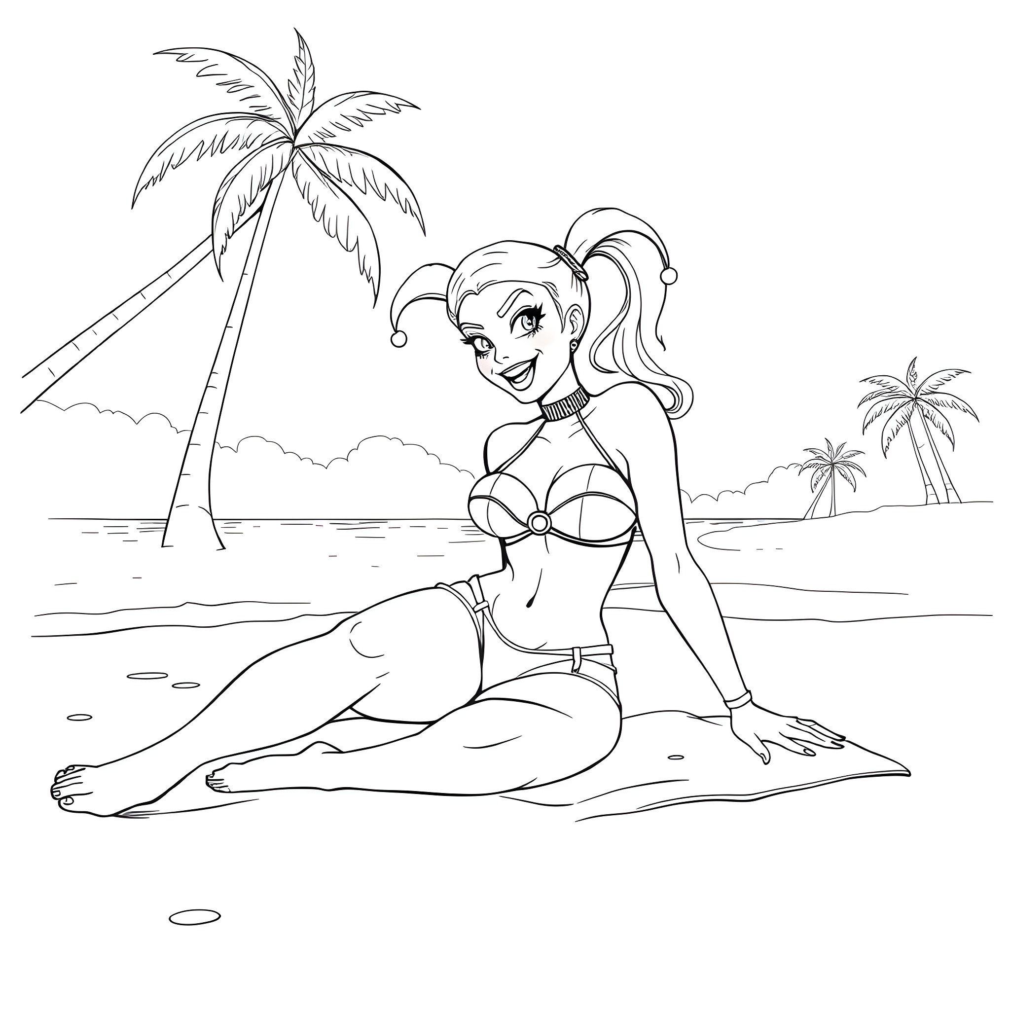 Harley Quinn sunbathing on the beach Coloring Page (free black-and-white line drawing printable PDF for all, from beginners to advanced learners, including children, teens, adults, and seniors)