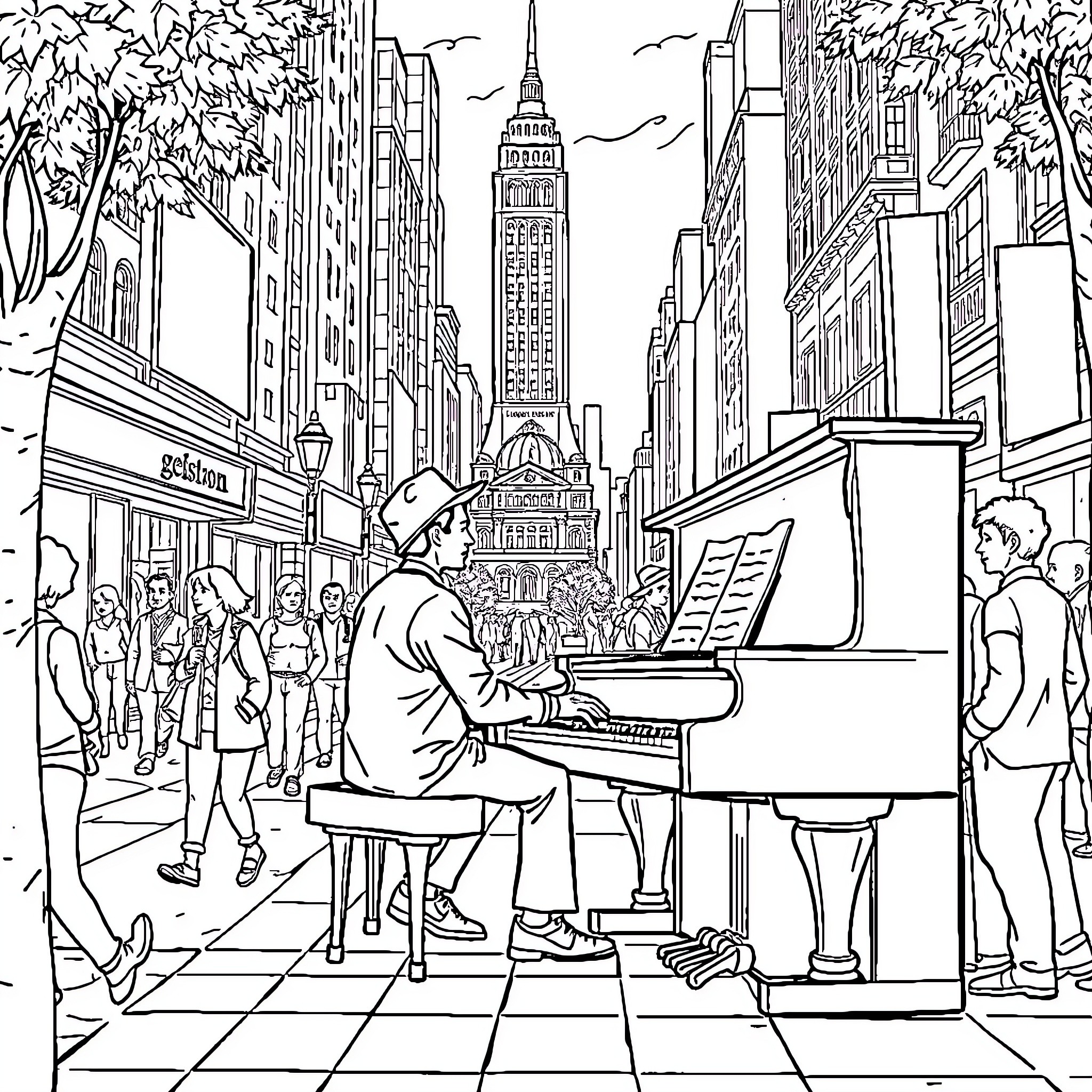 Piano Performance in Bustling City Street Coloring Page (free black-and-white line drawing printable PDF for all, from beginners to advanced learners, including children, teens, adults, and seniors)