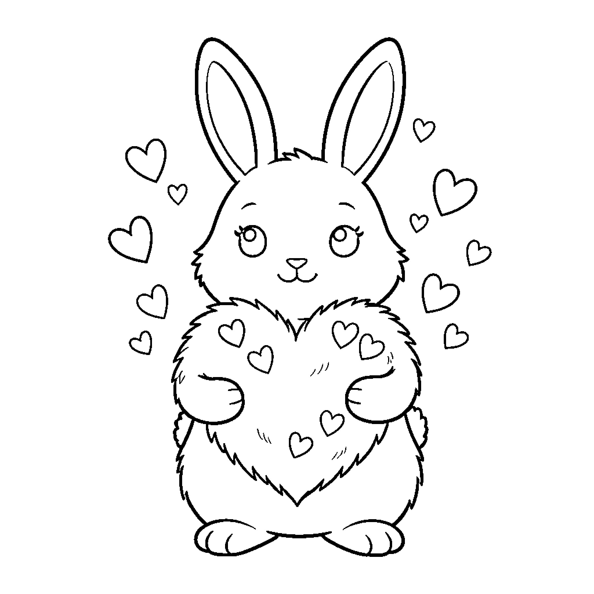 Bunny embracing hearts with joy Coloring Page (free black-and-white line drawing printable PDF for all, from beginners to advanced learners, including children, teens, adults, and seniors)