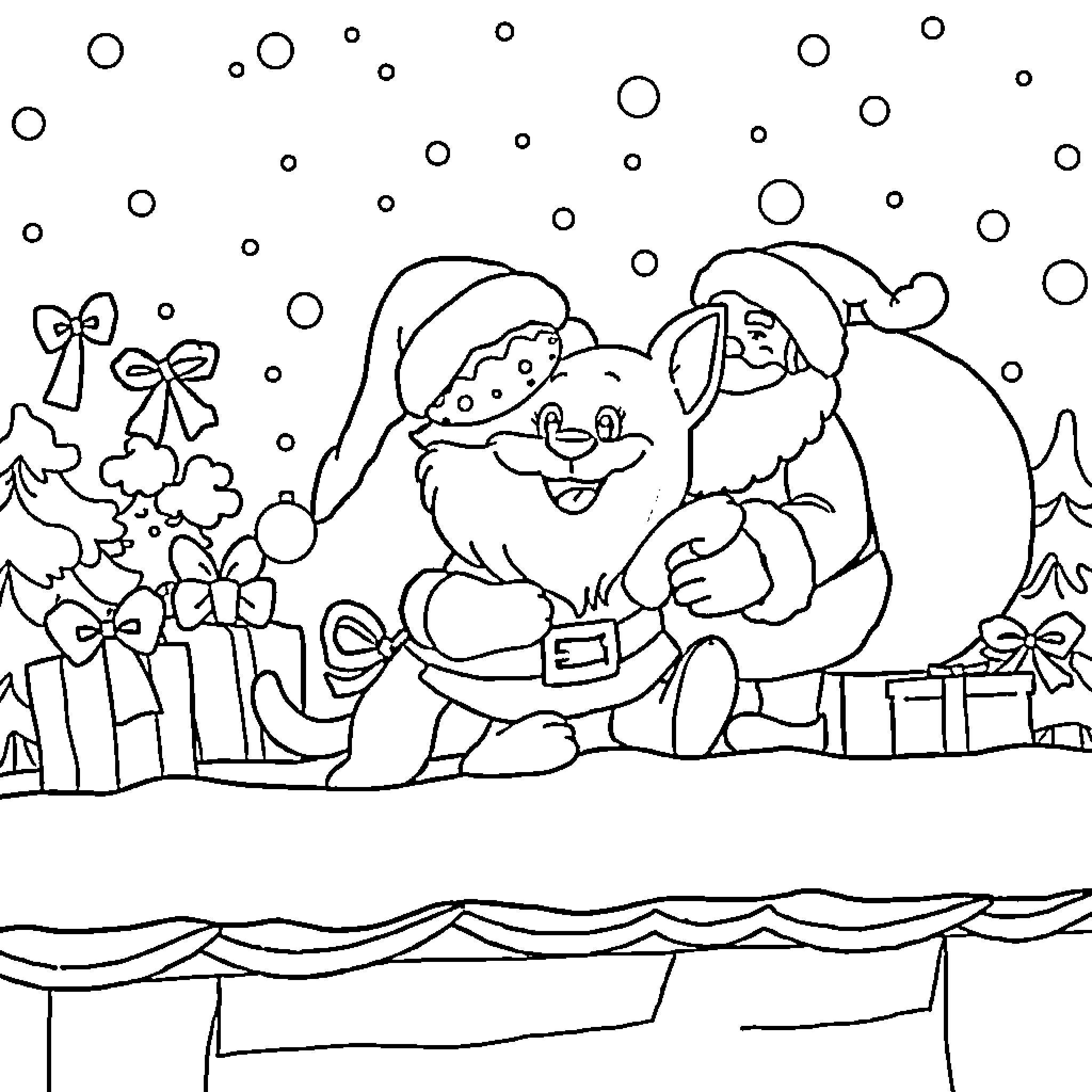Bluey's Christmas Adventure with Santa Coloring Page (free black-and-white line drawing printable PDF for all, from beginners to advanced learners, including children, teens, adults, and seniors)