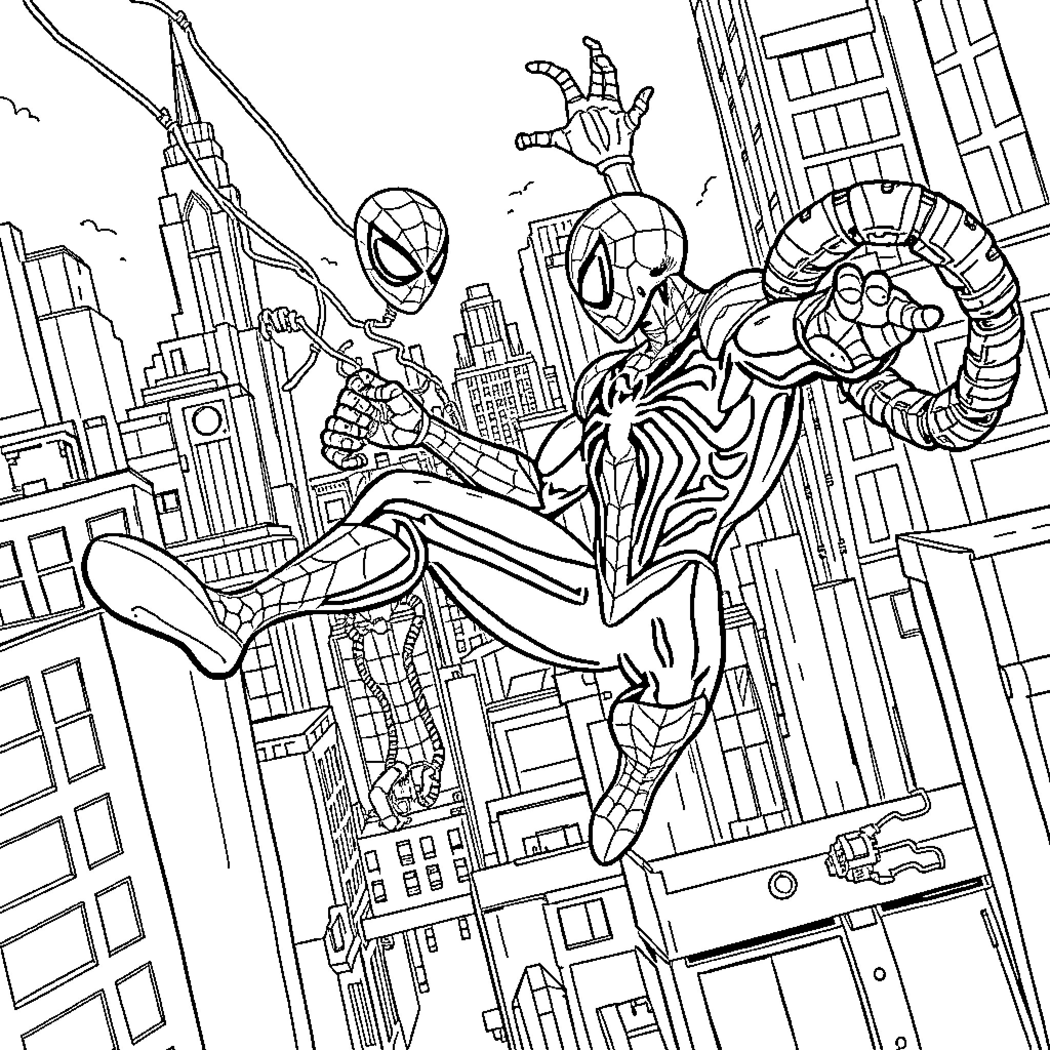 Spiderman swinging through the city streets Coloring Page (free black-and-white line drawing printable PDF for all, from beginners to advanced learners, including children, teens, adults, and seniors)