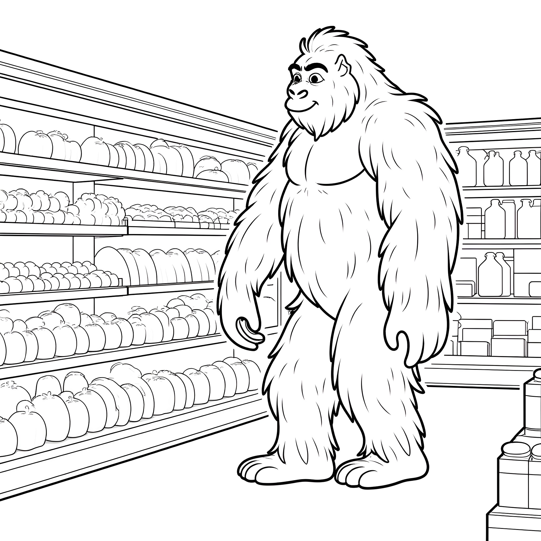 Sasquatch exploring a grocery store Coloring Page (free black-and-white line drawing printable PDF for all, from beginners to advanced learners, including children, teens, adults, and seniors)