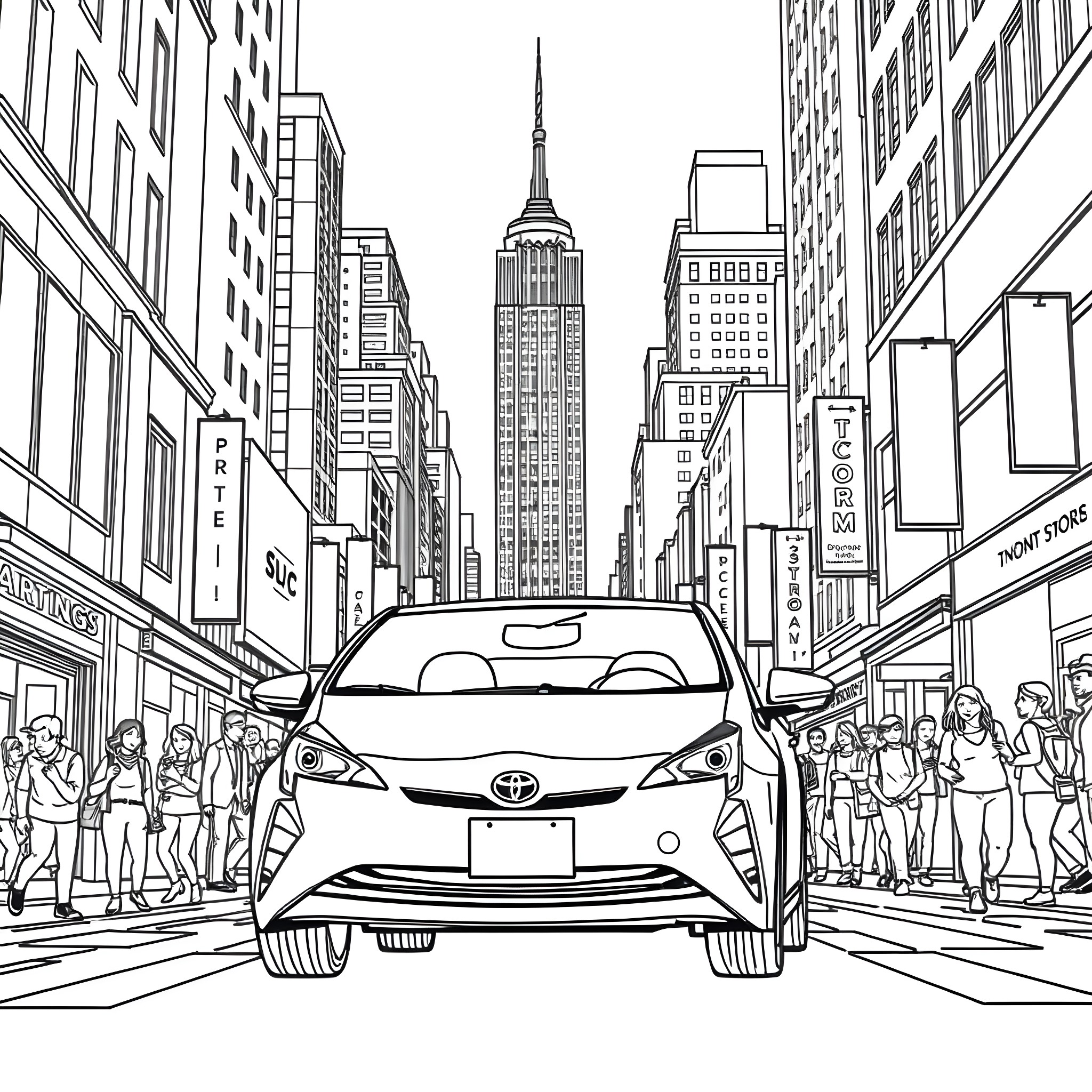 Prius driving through busy city streets Coloring Page (free black-and-white line drawing printable PDF for all, from beginners to advanced learners, including children, teens, adults, and seniors)