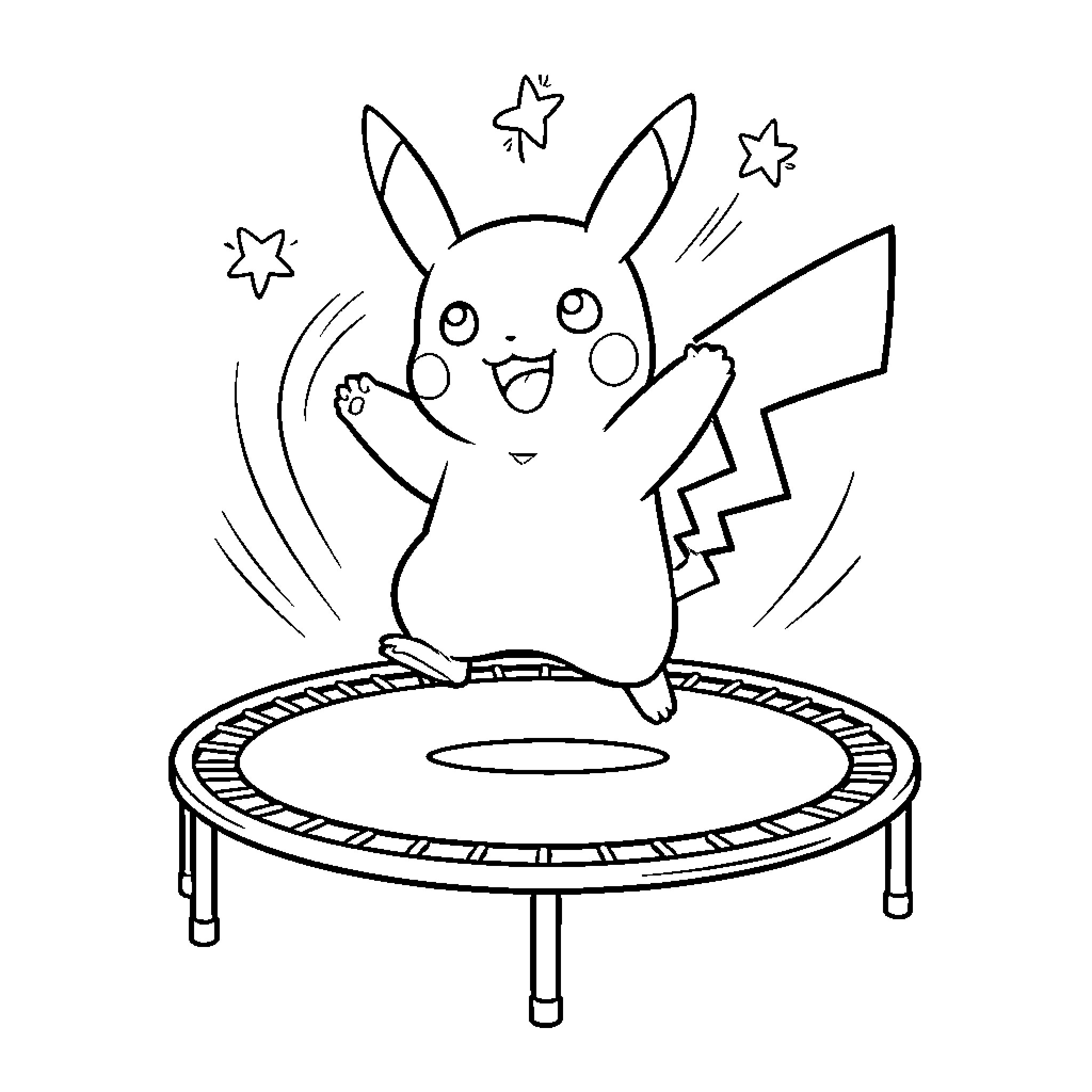 Pikachu jumping joyfully on a trampoline Coloring Page (free black-and-white line drawing printable PDF for all, from beginners to advanced learners, including children, teens, adults, and seniors)
