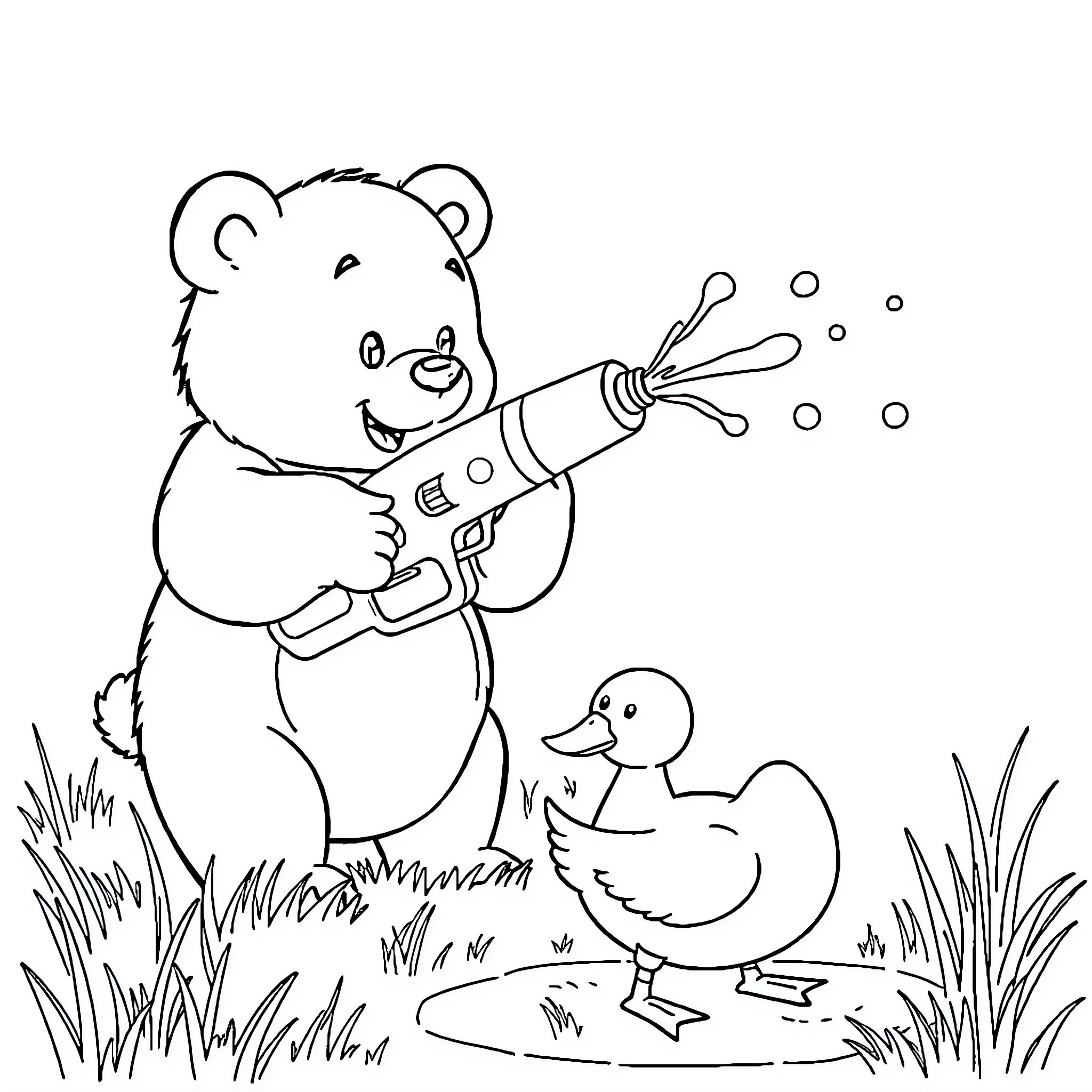 Bear playing with water sprinkler near duck Coloring Page (free black-and-white line drawing printable PDF for all, from beginners to advanced learners, including children, teens, adults, and seniors)