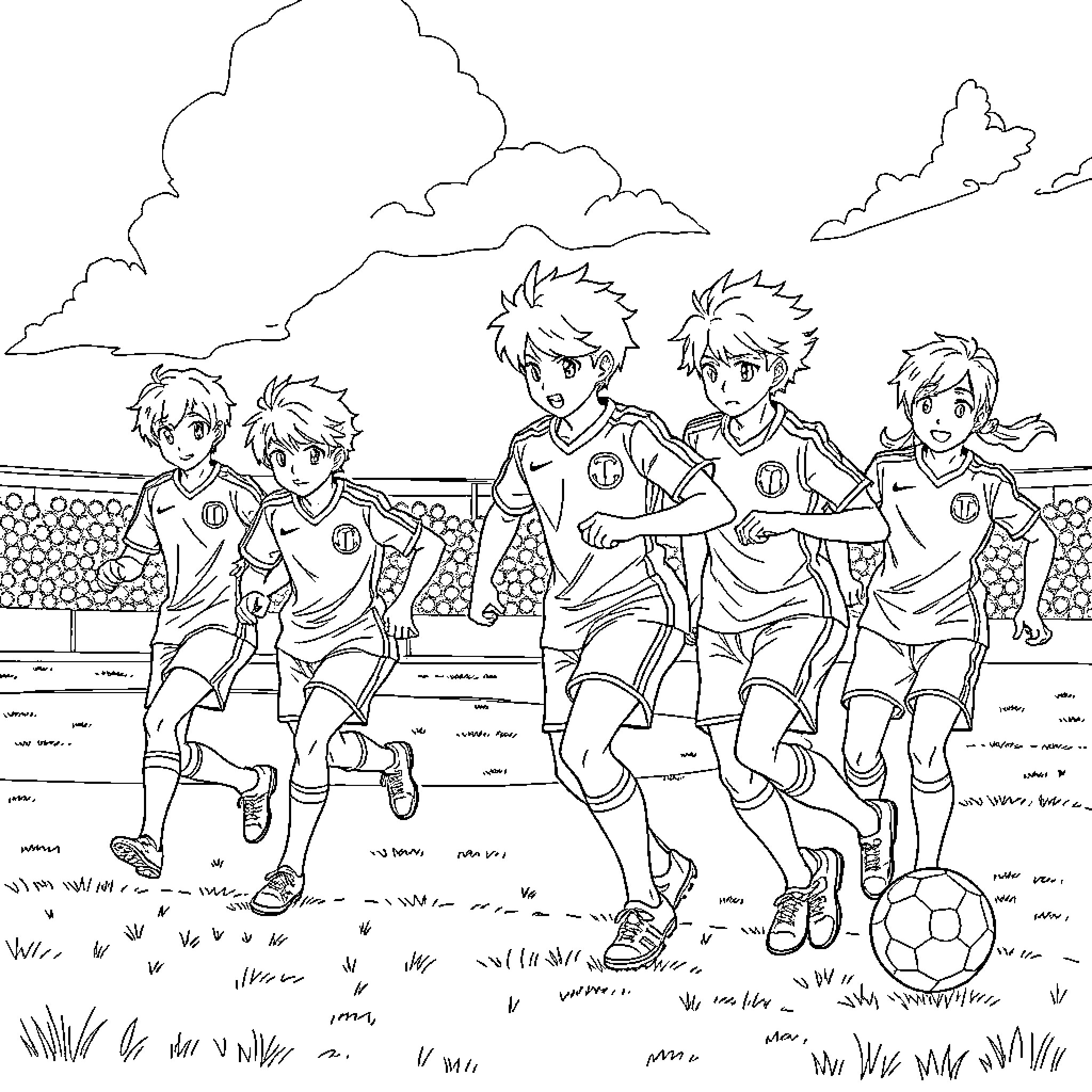 Inazuma Eleven Soccer Team Playing on Field Coloring Page (free black-and-white line drawing printable PDF for all, from beginners to advanced learners, including children, teens, adults, and seniors)