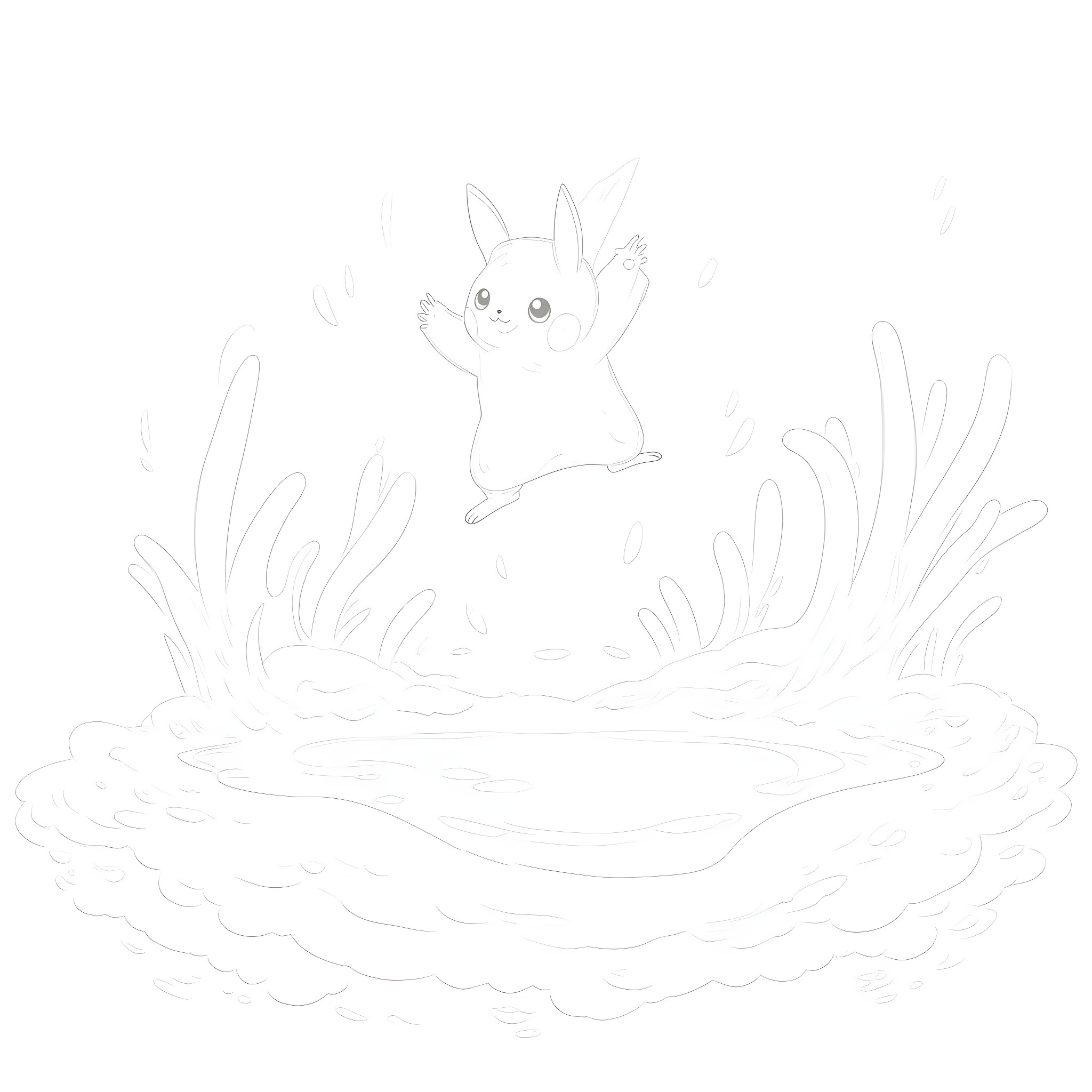 Pikachu exploring the enchanting meadow Coloring Page (free black-and-white line drawing printable PDF for all, from beginners to advanced learners, including children, teens, adults, and seniors)