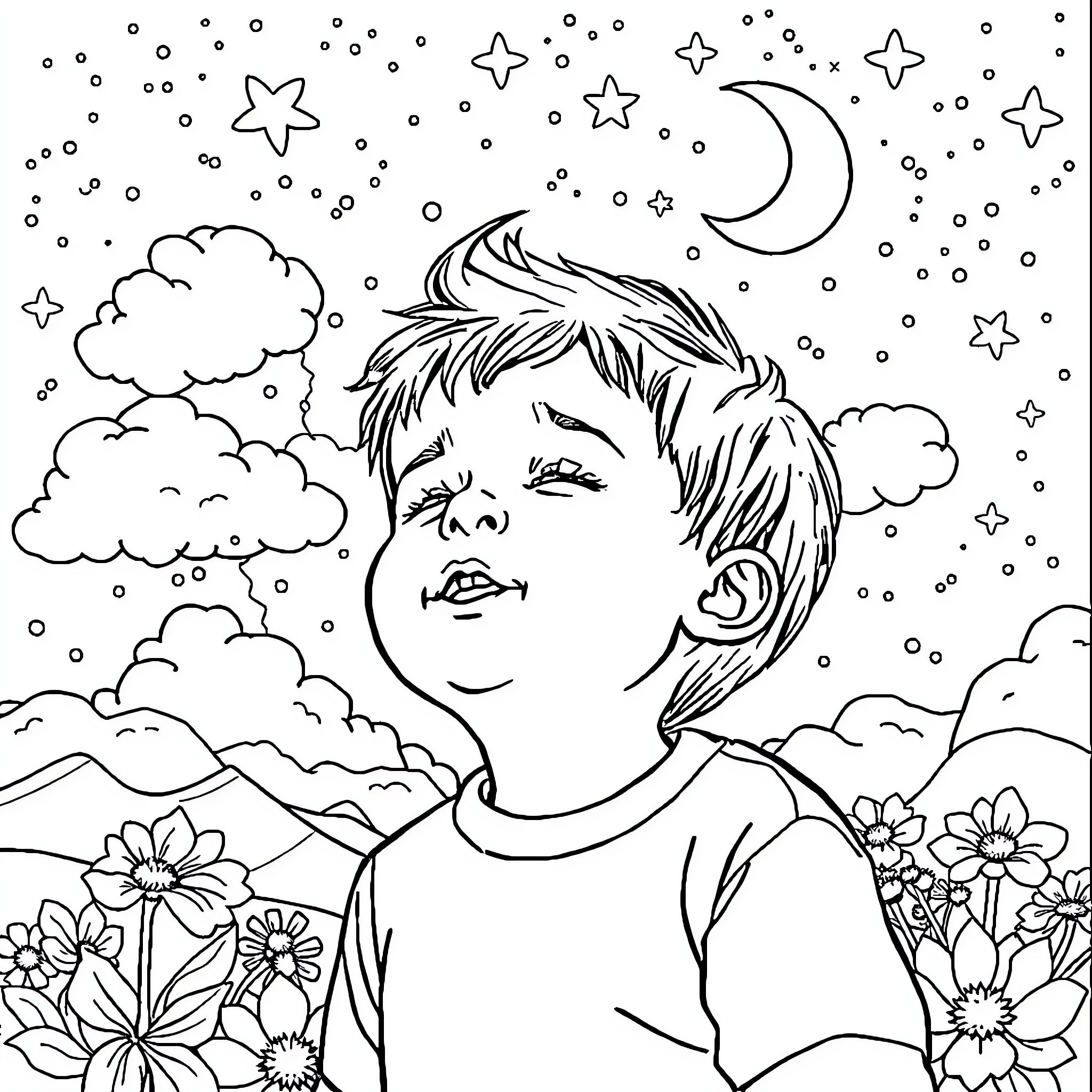 Niño gazing at the starry night sky Coloring Page (free black-and-white line drawing printable PDF for all, from beginners to advanced learners, including children, teens, adults, and seniors)