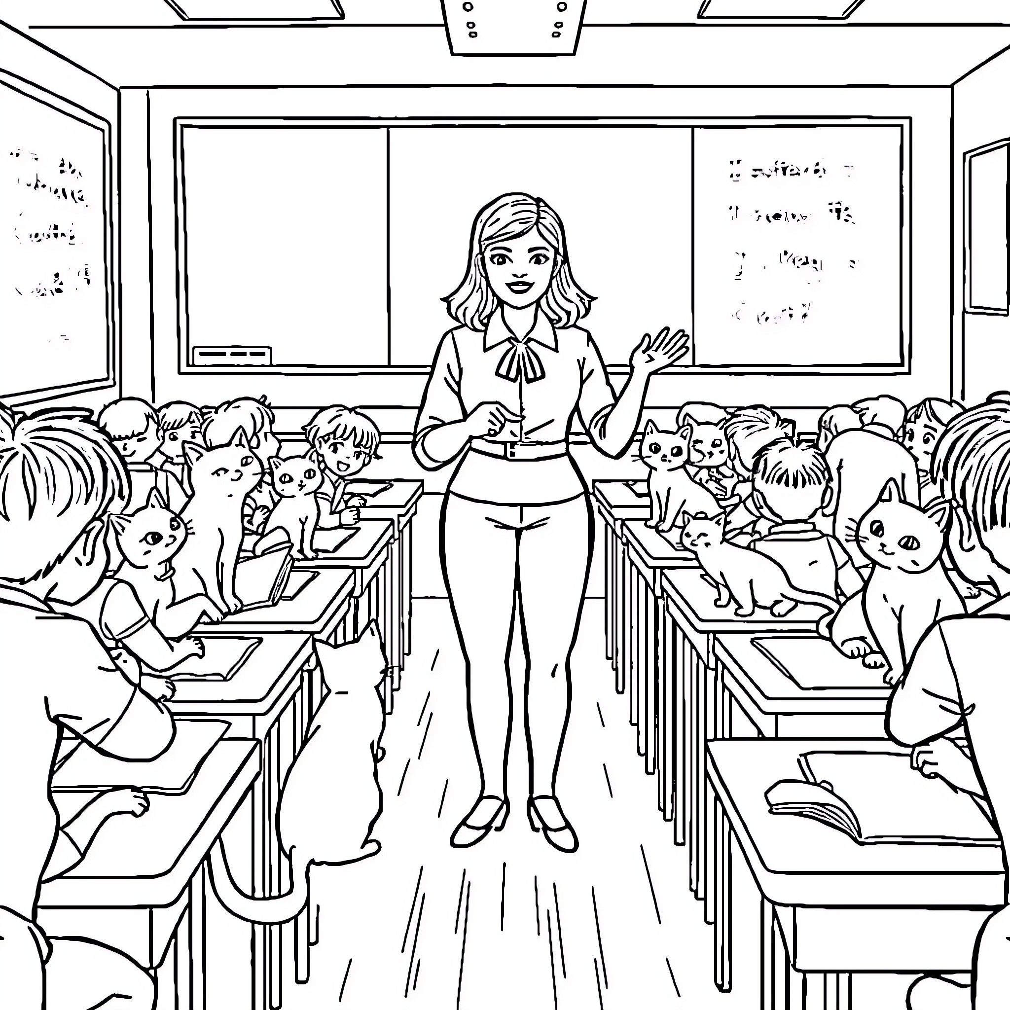 Teacher leading animated animals in classroom Coloring Page (free black-and-white line drawing printable PDF for all, from beginners to advanced learners, including children, teens, adults, and seniors)