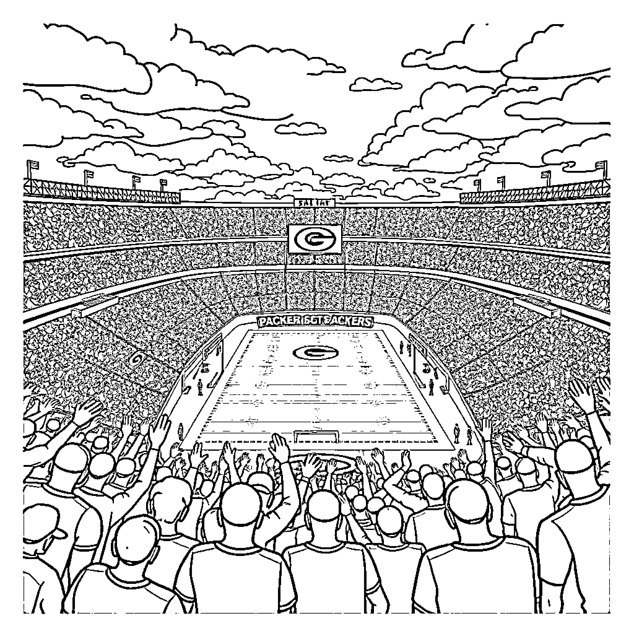 Stadium filled with cheering spectators at a sports event Coloring Page (free black-and-white line drawing printable PDF for all, from beginners to advanced learners, including children, teens, adults, and seniors)