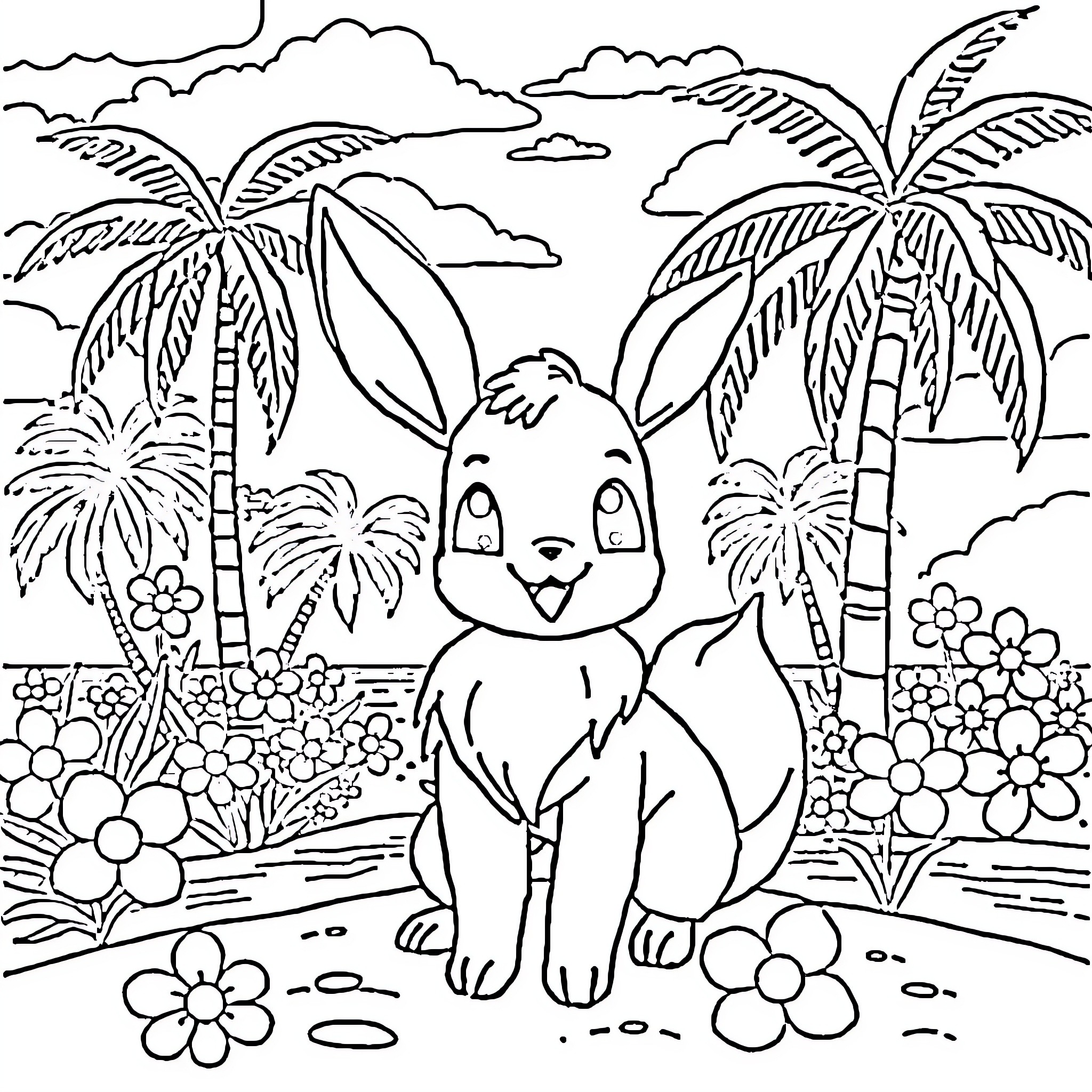 Eevee enjoying a tropical paradise Coloring Page (free black-and-white line drawing printable PDF for all, from beginners to advanced learners, including children, teens, adults, and seniors)