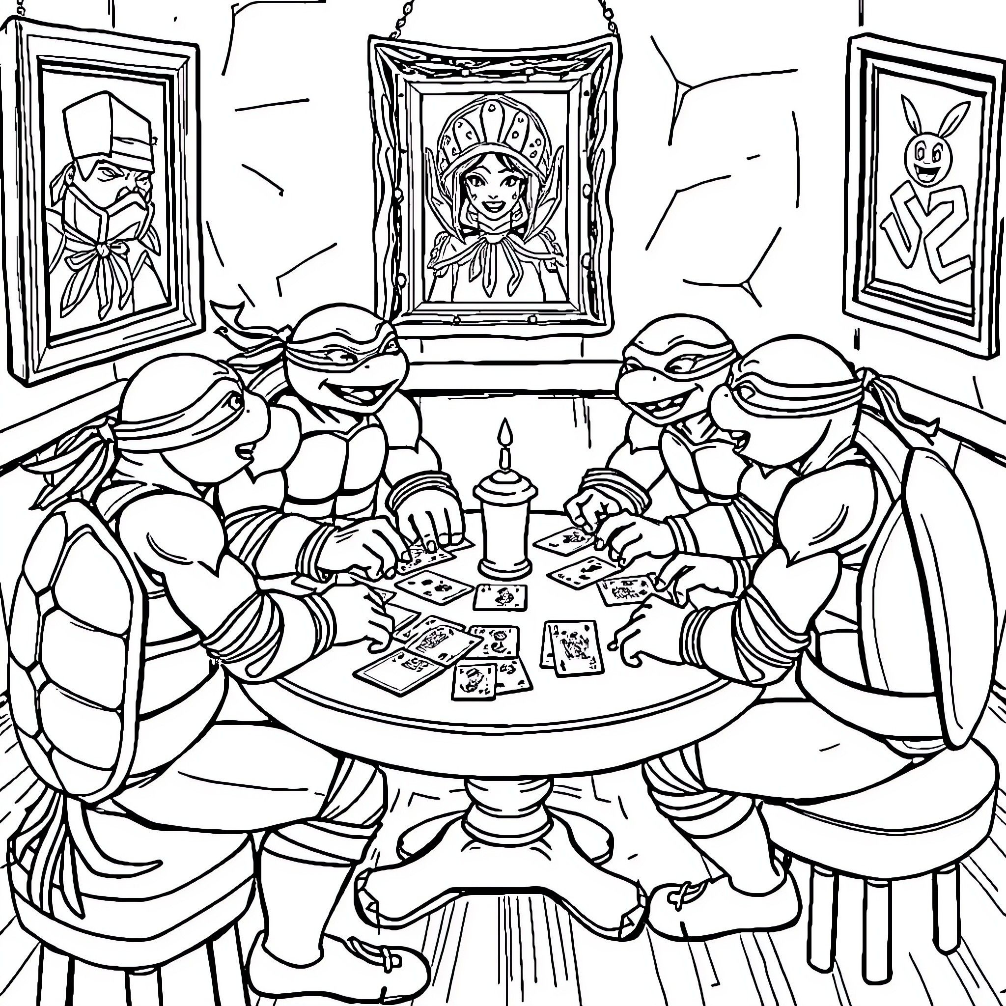 Ninja Turtles playing cards together in a cozy room Coloring Page (free black-and-white line drawing printable PDF for all, from beginners to advanced learners, including children, teens, adults, and seniors)