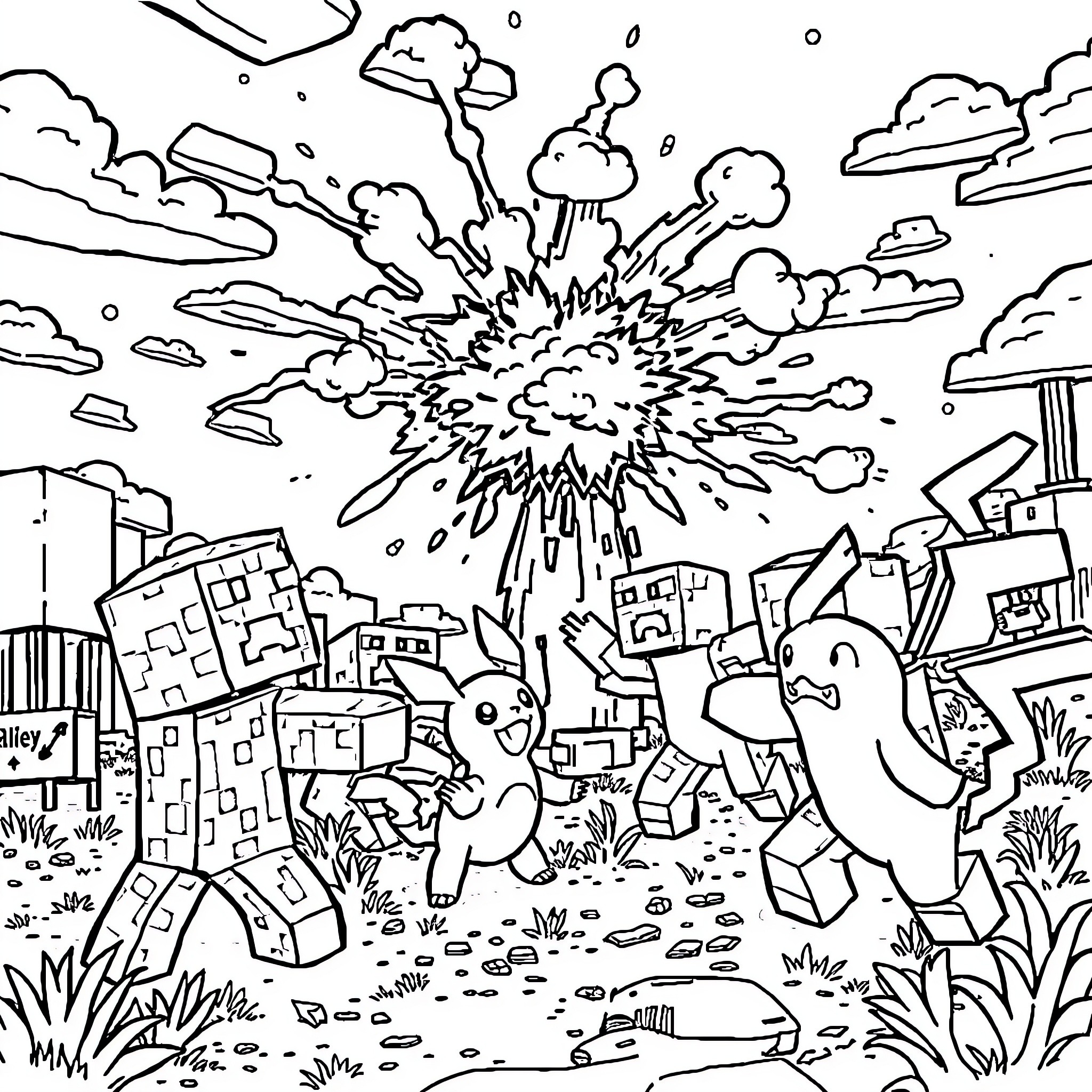 Creeper Explosion Chaos in Pixelated Town Coloring Page (free black-and-white line drawing printable PDF for all, from beginners to advanced learners, including children, teens, adults, and seniors)