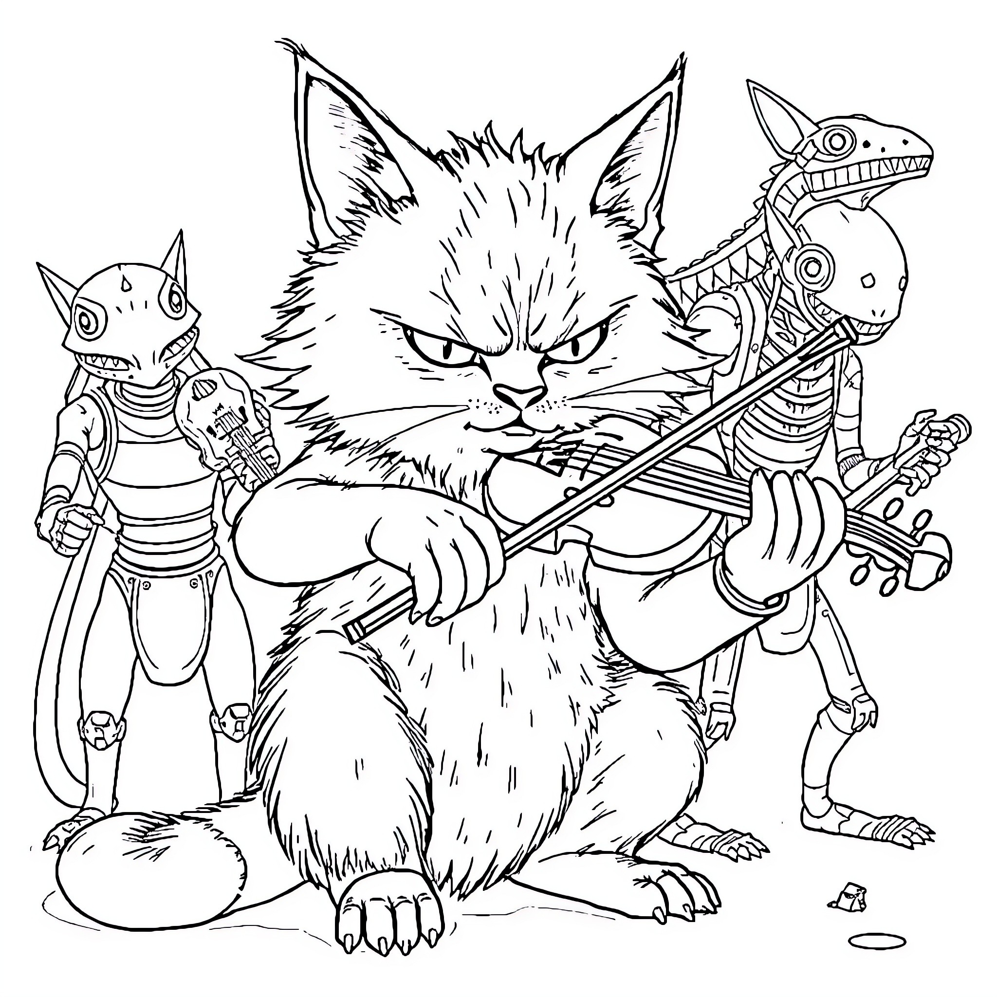 Chat with mechanical animal companions Coloring Page (free black-and-white line drawing printable PDF for all, from beginners to advanced learners, including children, teens, adults, and seniors)