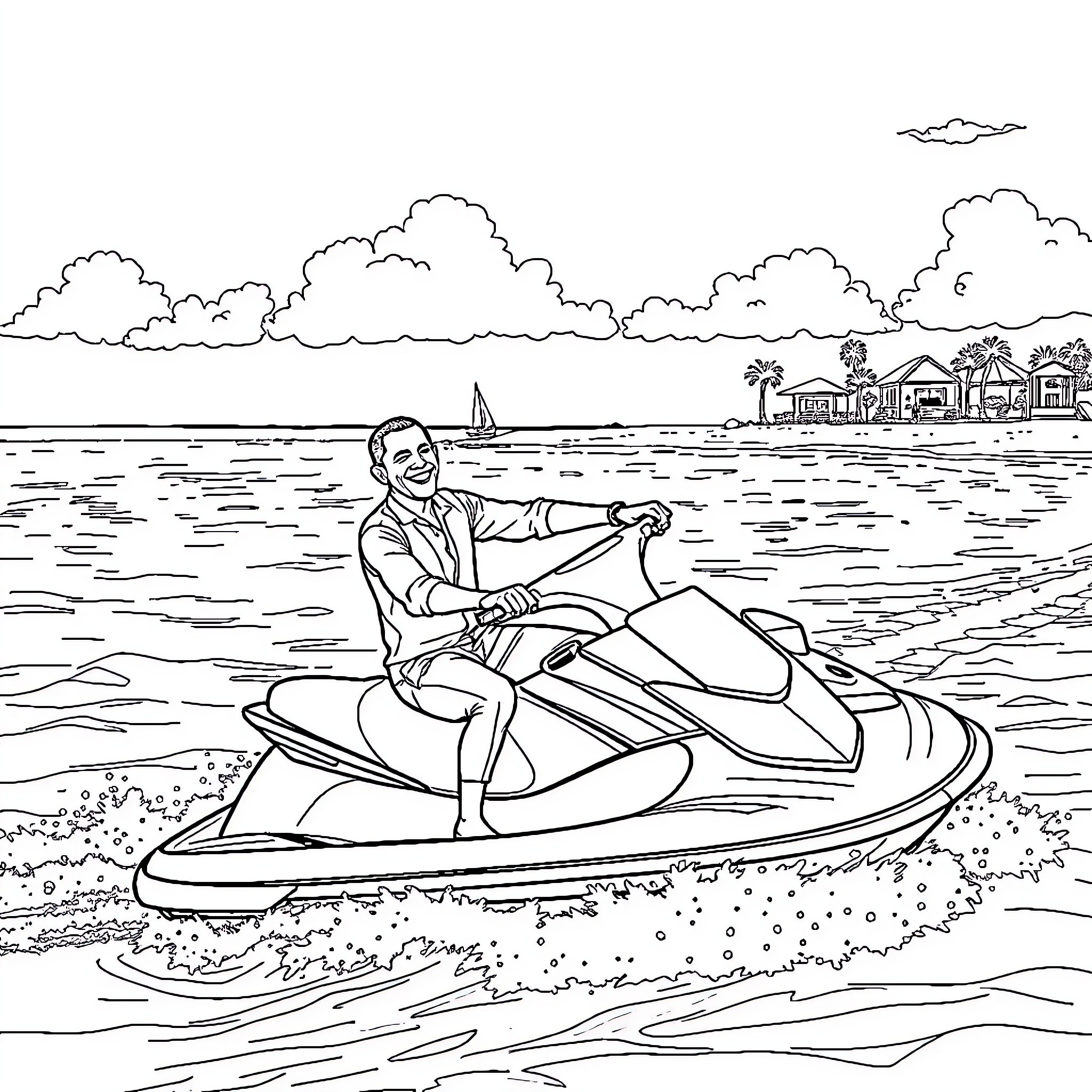 President Obama enjoying water sports on the beach Coloring Page (free black-and-white line drawing printable PDF for all, from beginners to advanced learners, including children, teens, adults, and seniors)