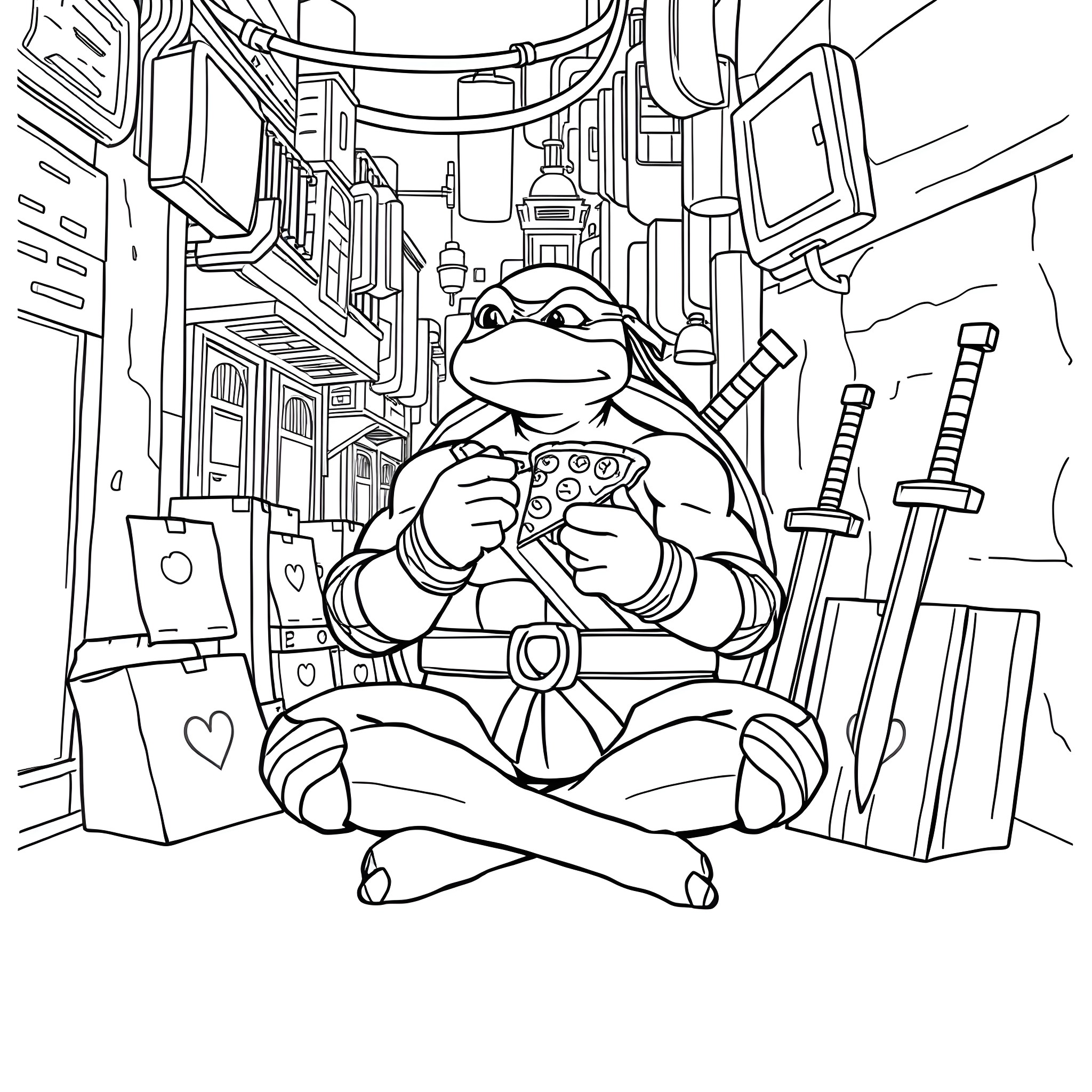Leonardo playing video games in the Teenage Mutant Ninja Turtles' lair Coloring Page (free black-and-white line drawing printable PDF for all, from beginners to advanced learners, including children, teens, adults, and seniors)