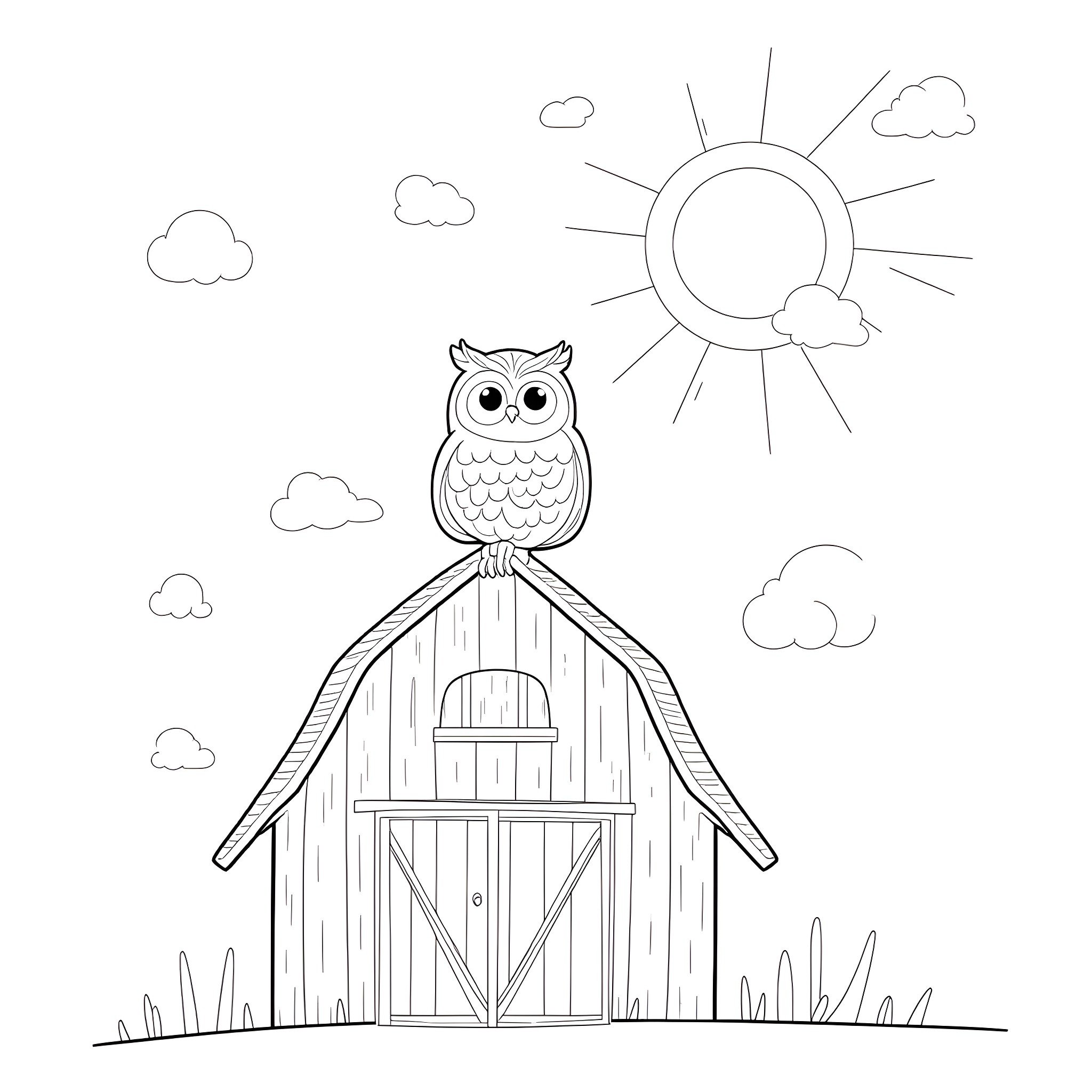 Owl perching on a rustic barn in a sunny day Coloring Page (free black-and-white line drawing printable PDF for all, from beginners to advanced learners, including children, teens, adults, and seniors)
