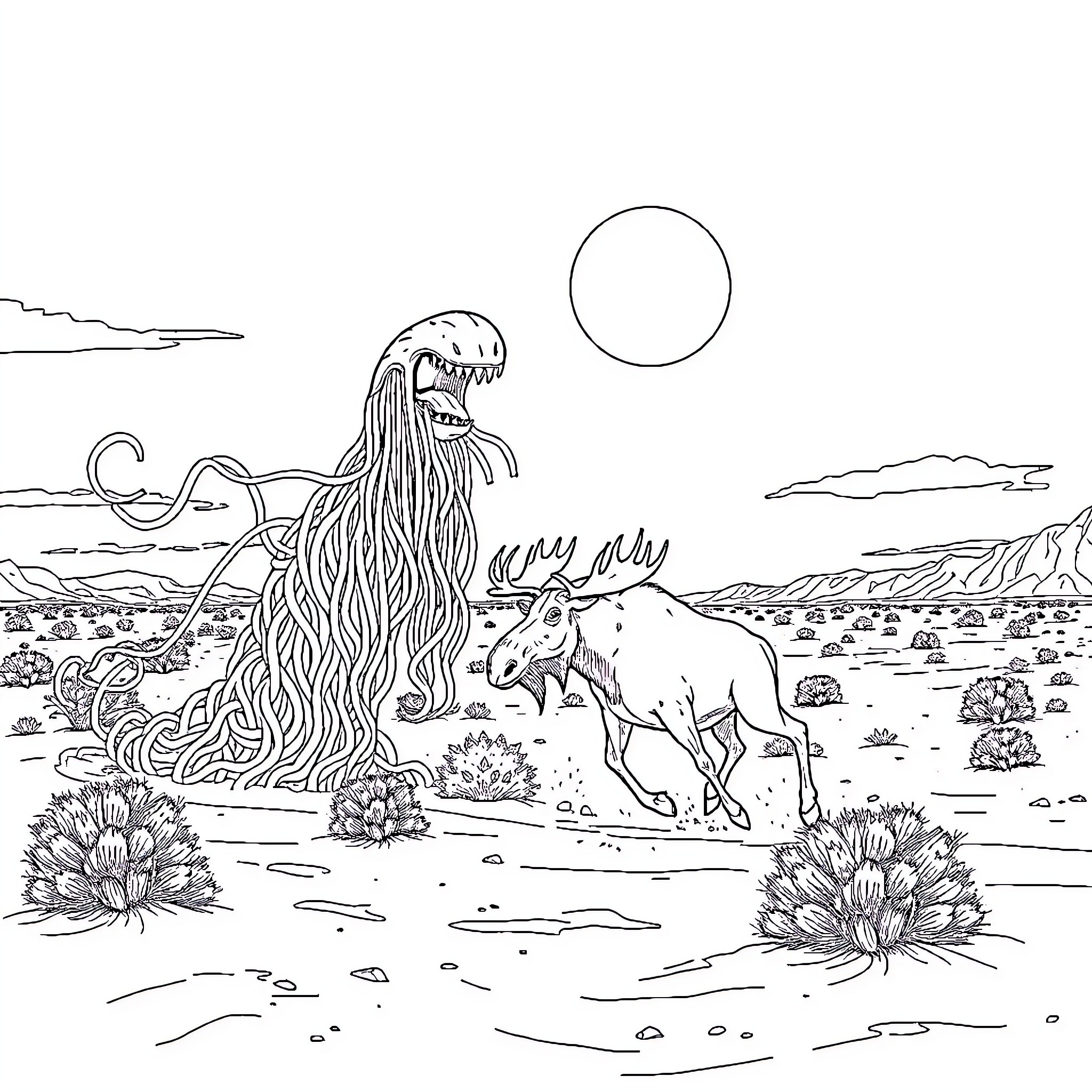 Spaghetti Monster riding a majestic unicorn in a desert landscape Coloring Page (free black-and-white line drawing printable PDF for all, from beginners to advanced learners, including children, teens, adults, and seniors)