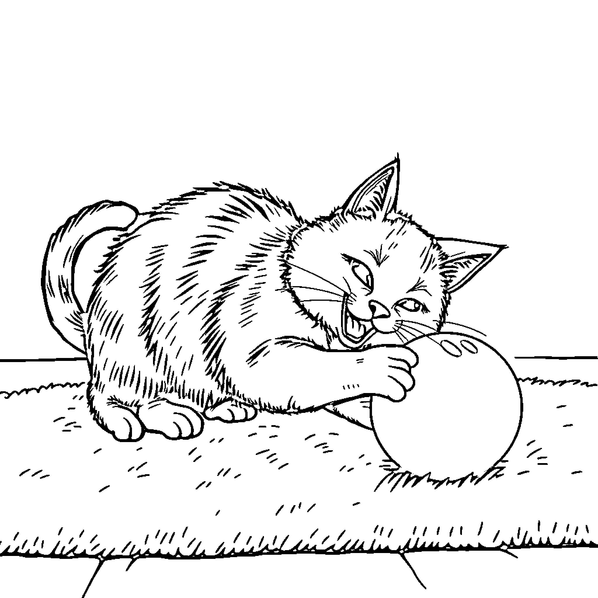 Cat playing with ball on grass Coloring Page (free black-and-white line drawing printable PDF for all, from beginners to advanced learners, including children, teens, adults, and seniors)