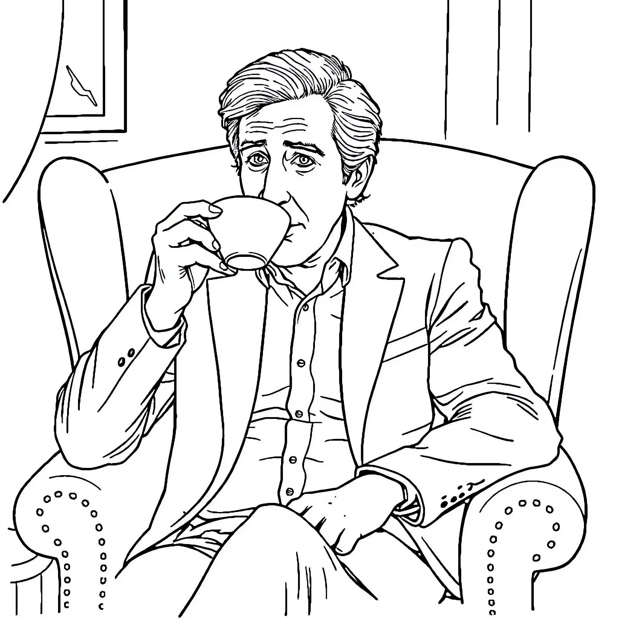 Alan Partridge drinking tea in a chair Coloring Page (free black-and-white line drawing printable PDF for all, from beginners to advanced learners, including children, teens, adults, and seniors)