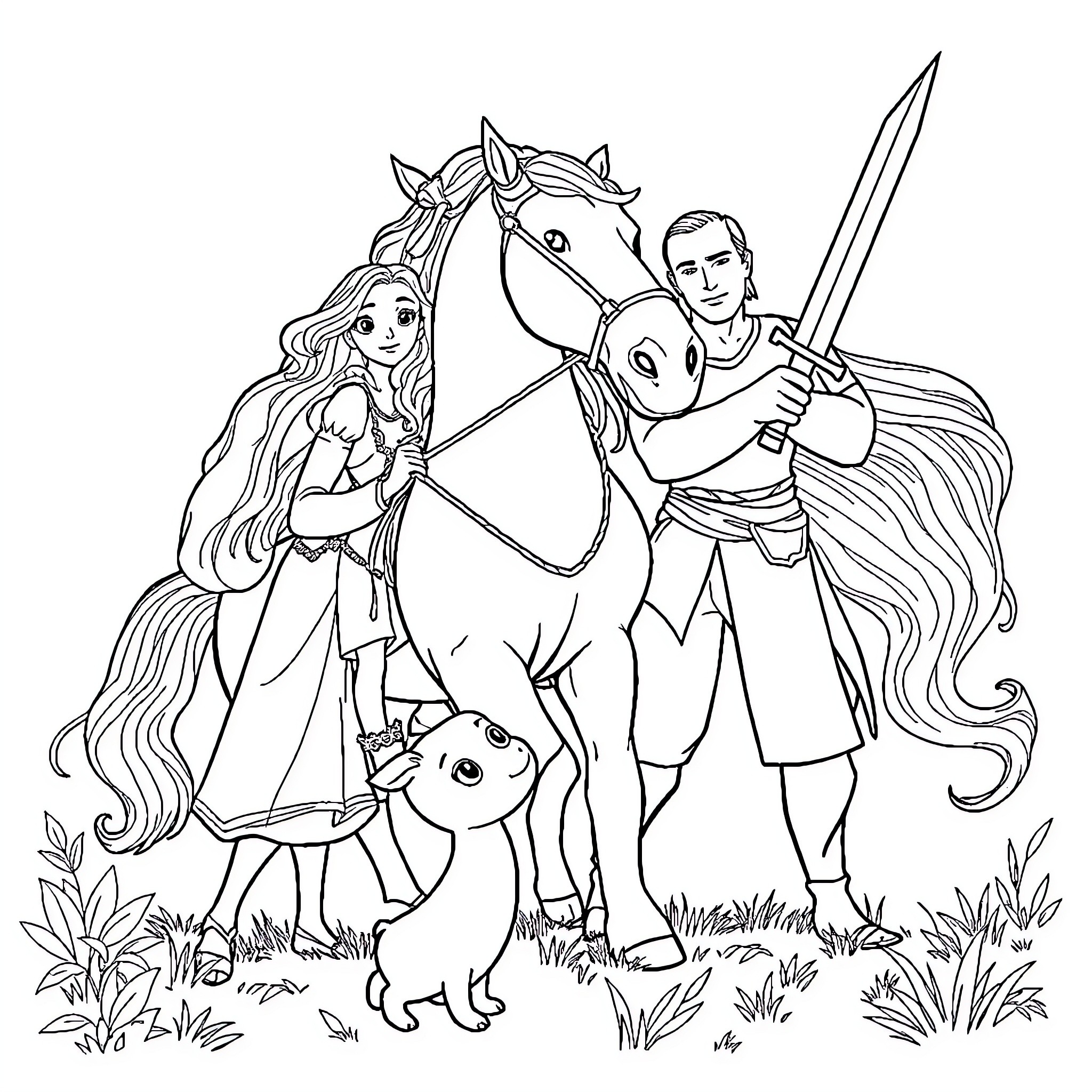 Merida and her family on an adventure Coloring Page (free black-and-white line drawing printable PDF for all, from beginners to advanced learners, including children, teens, adults, and seniors)