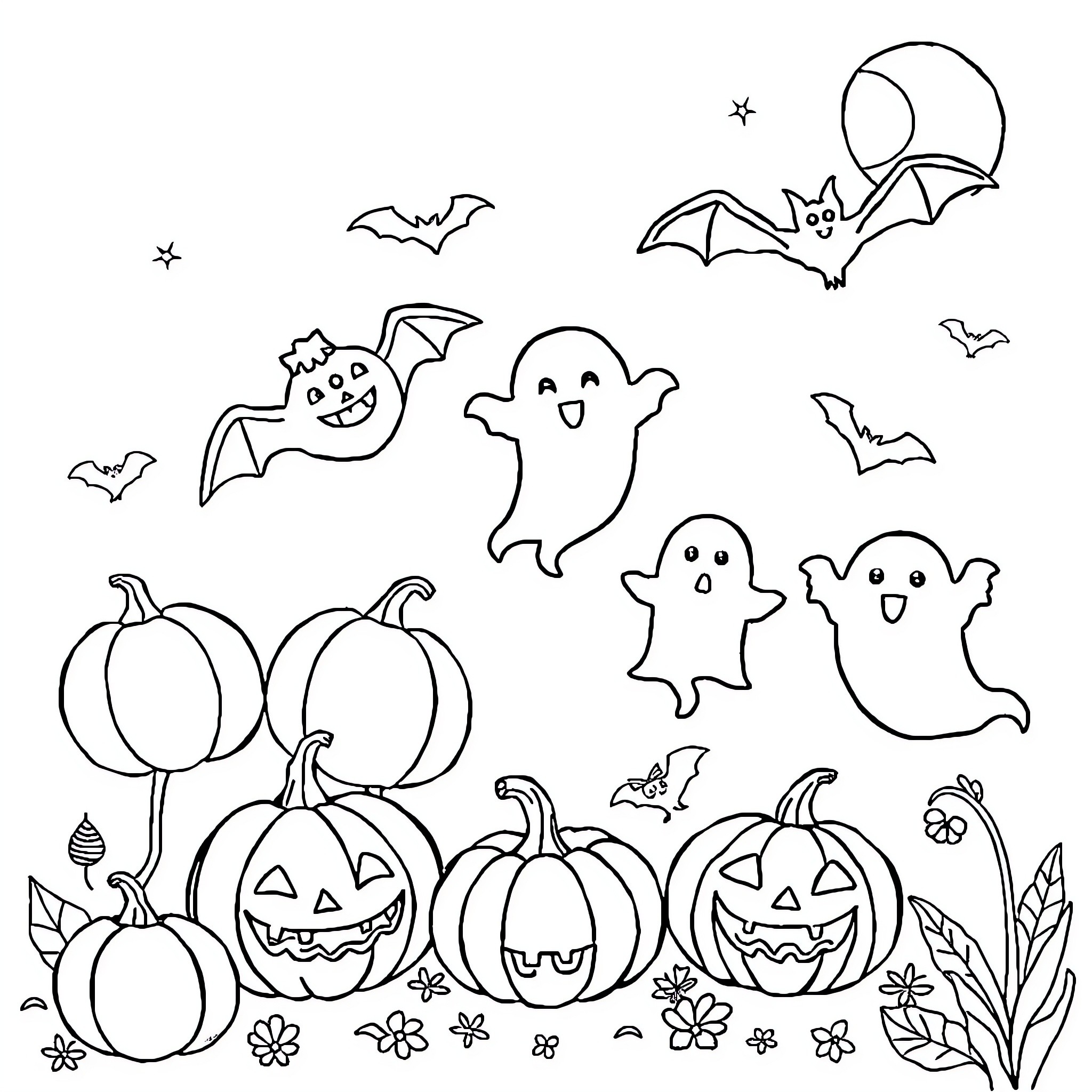 Halloween Fun with Festive Ghosts and Pumpkins Coloring Page (free black-and-white line drawing printable PDF for all, from beginners to advanced learners, including children, teens, adults, and seniors)
