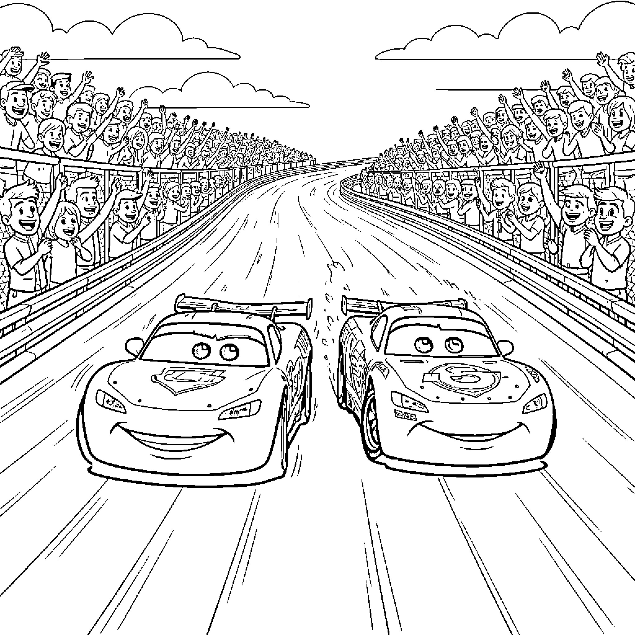 Flash McQueen racing competitively on a track with crowds Coloring Page (free black-and-white line drawing printable PDF for all, from beginners to advanced learners, including children, teens, adults, and seniors)