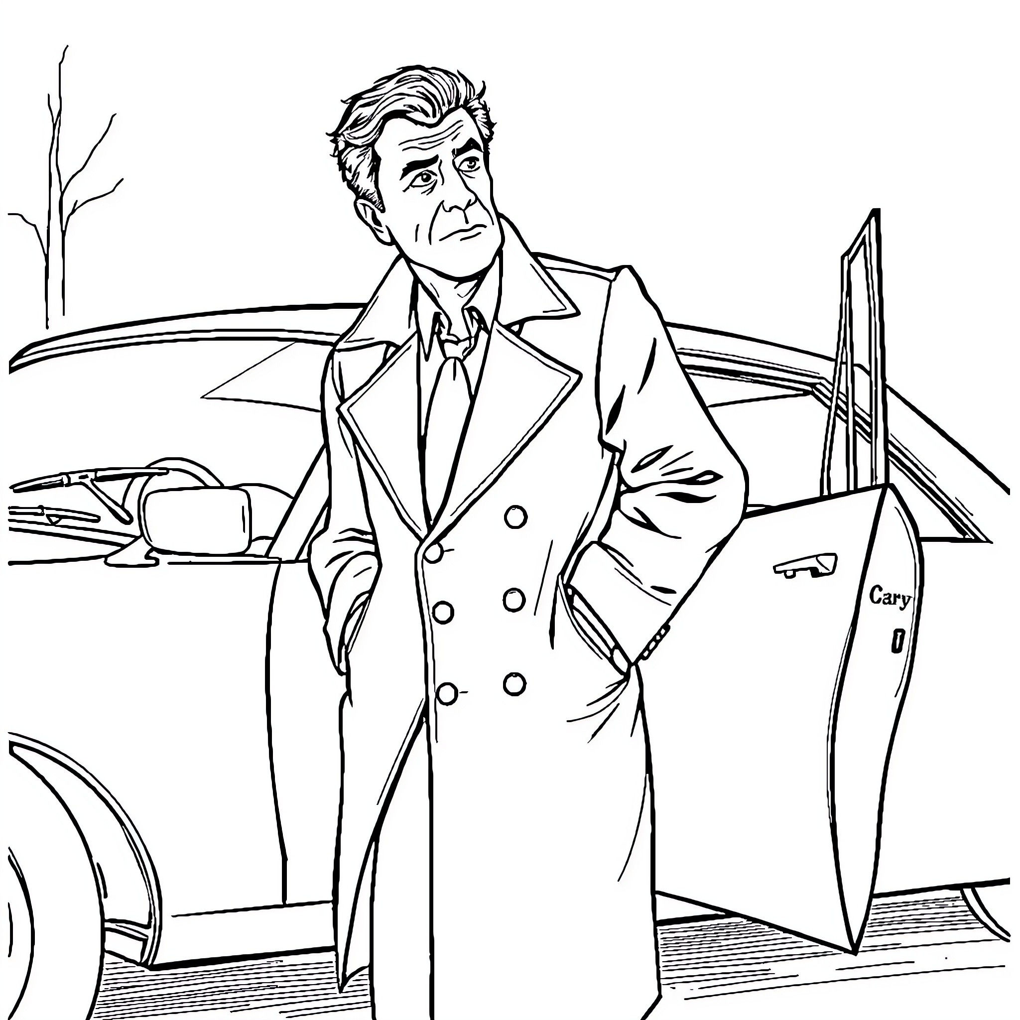 Columbo's Investigative Pursuit in the City Coloring Page (free black-and-white line drawing printable PDF for all, from beginners to advanced learners, including children, teens, adults, and seniors)