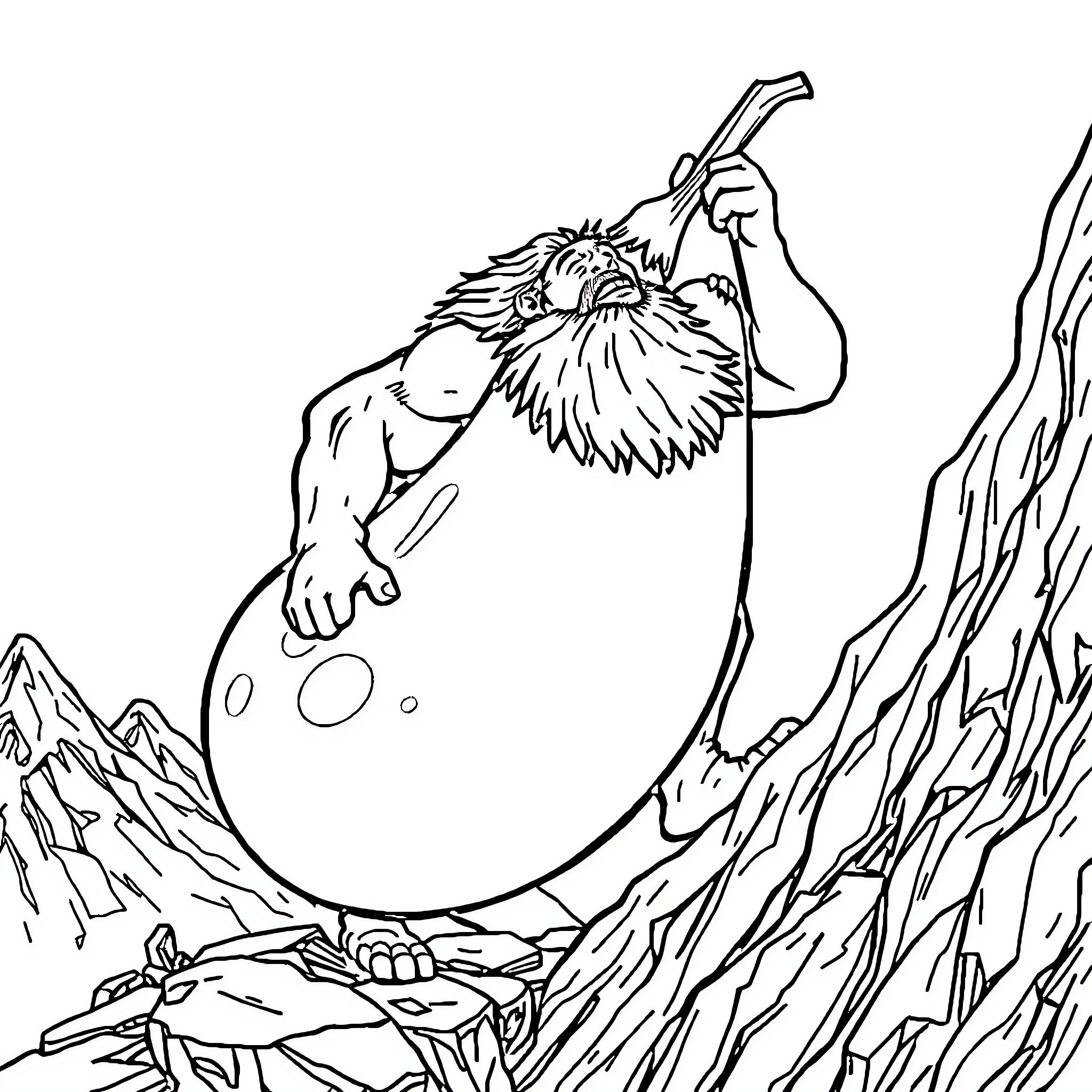 Sisyphus pushing a massive boulder up a steep hill Coloring Page (free black-and-white line drawing printable PDF for all, from beginners to advanced learners, including children, teens, adults, and seniors)