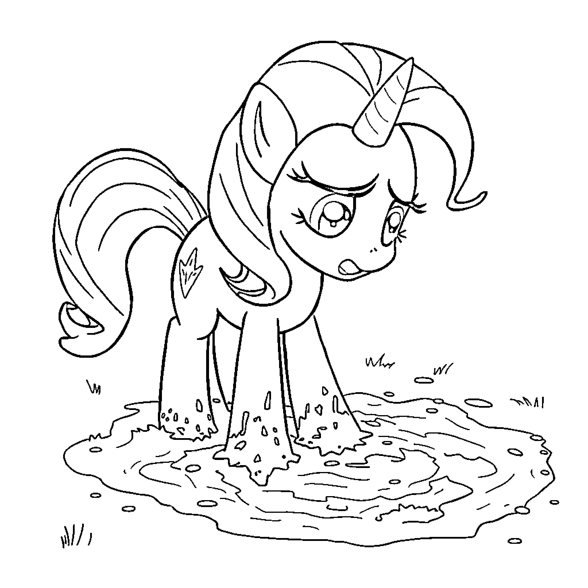 Twilight Sparkle splashing in a puddle Coloring Page (free black-and-white line drawing printable PDF for all, from beginners to advanced learners, including children, teens, adults, and seniors)
