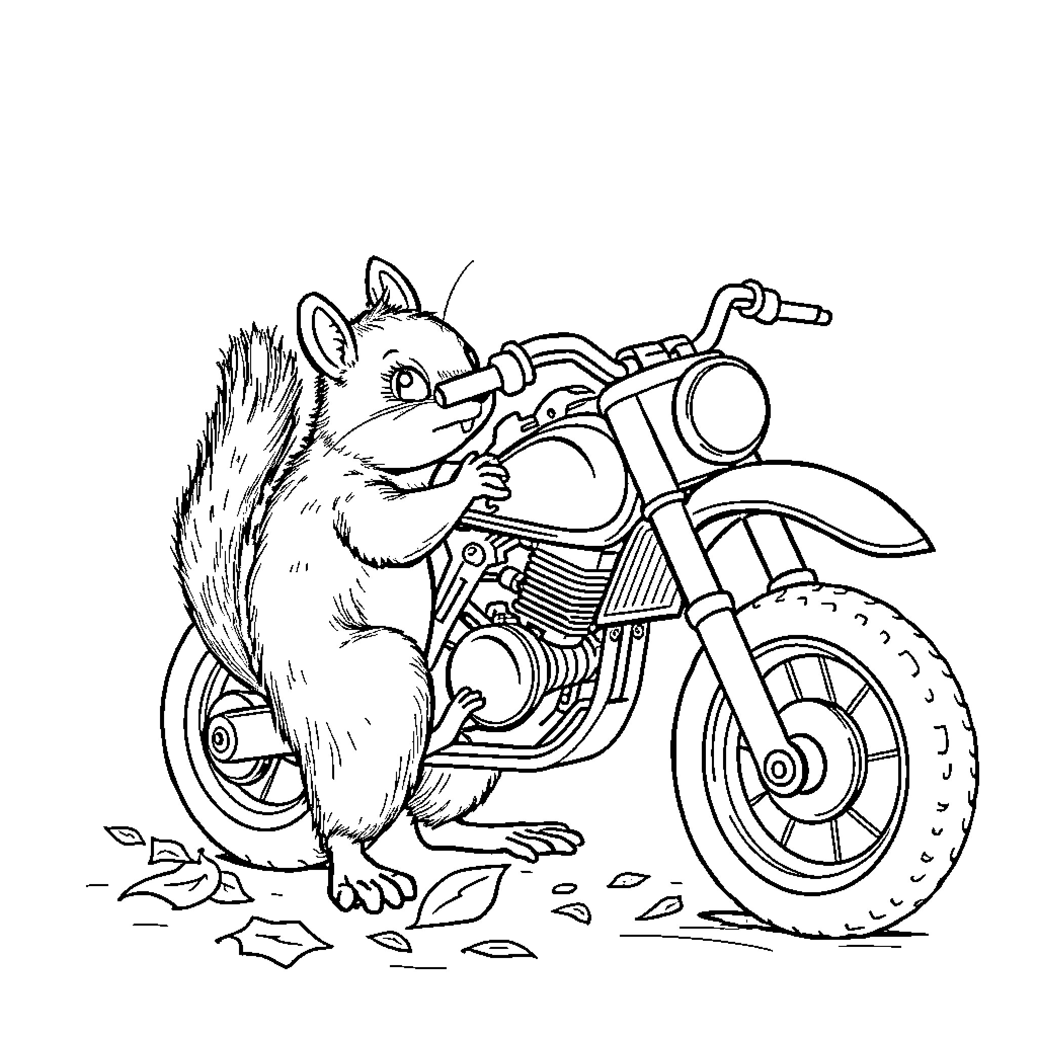 Squirrel riding a stylish motorcycle Coloring Page (free black-and-white line drawing printable PDF for all, from beginners to advanced learners, including children, teens, adults, and seniors)