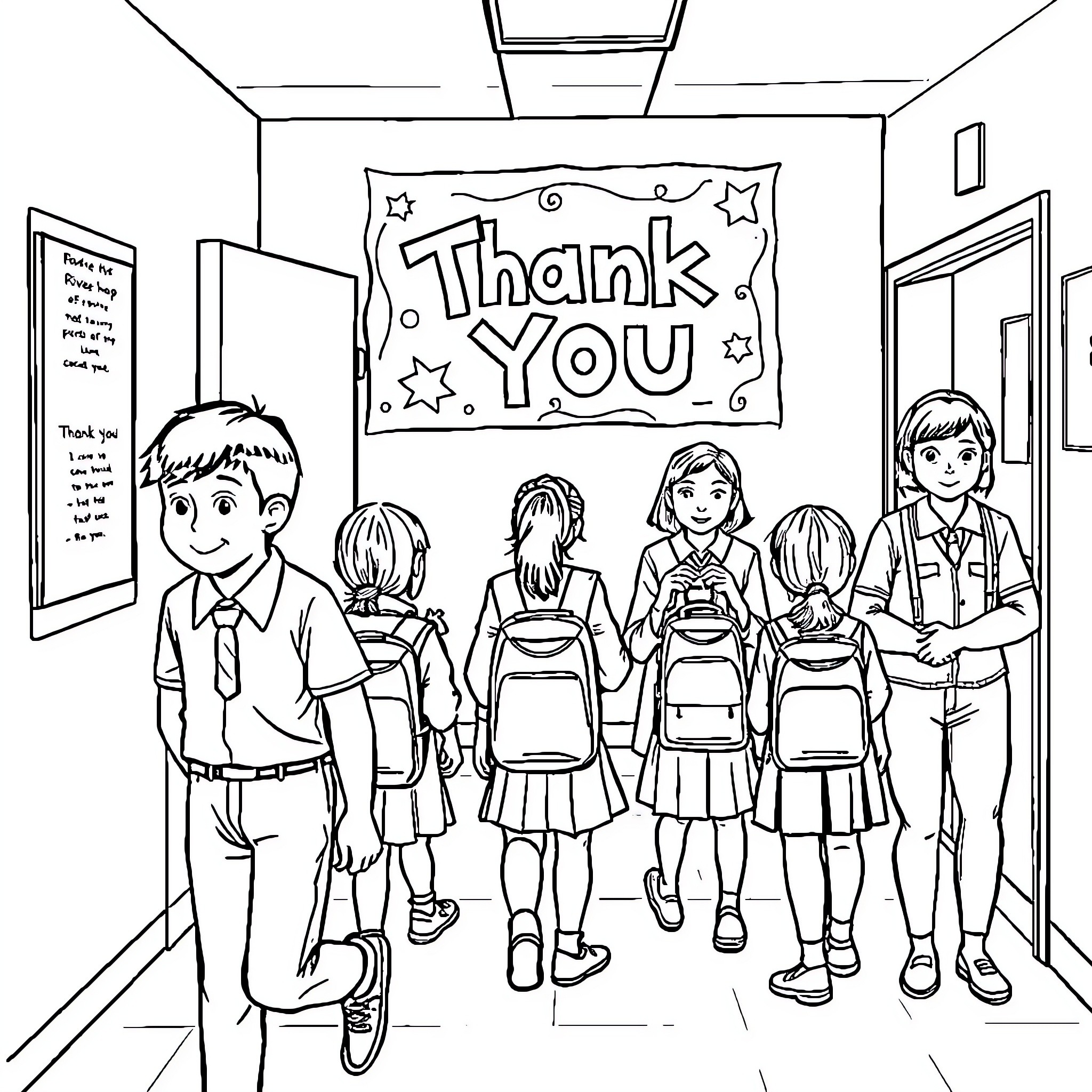 School group expressing gratitude Coloring Page (free black-and-white line drawing printable PDF for all, from beginners to advanced learners, including children, teens, adults, and seniors)