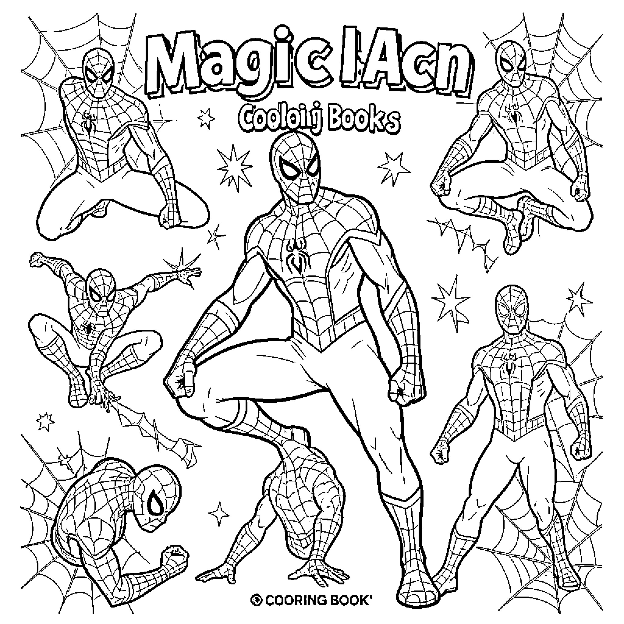 Spider-Man in various dynamic action poses Coloring Page (free black-and-white line drawing printable PDF for all, from beginners to advanced learners, including children, teens, adults, and seniors)