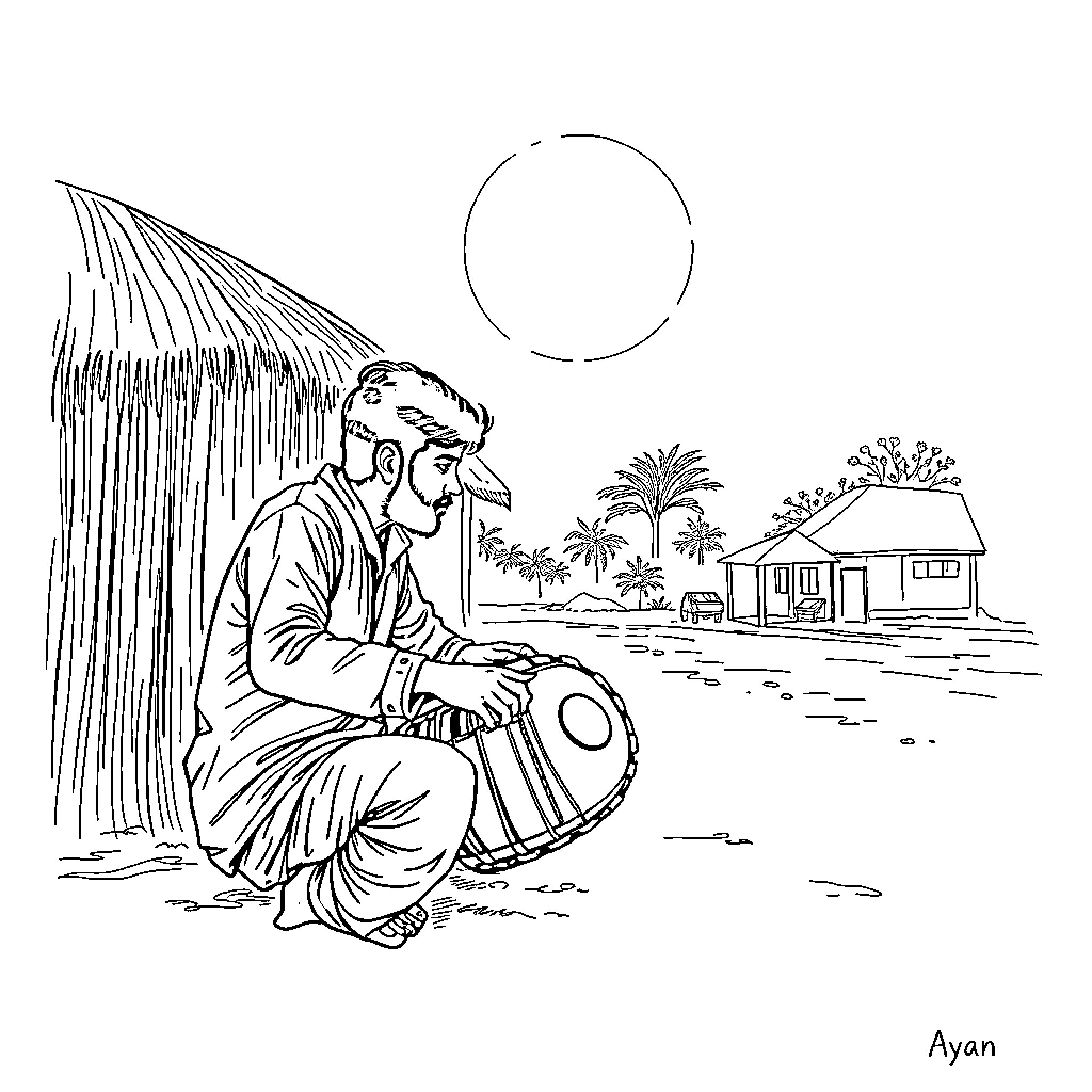 Dholak player in a serene countryside setting Coloring Page (free black-and-white line drawing printable PDF for all, from beginners to advanced learners, including children, teens, adults, and seniors)