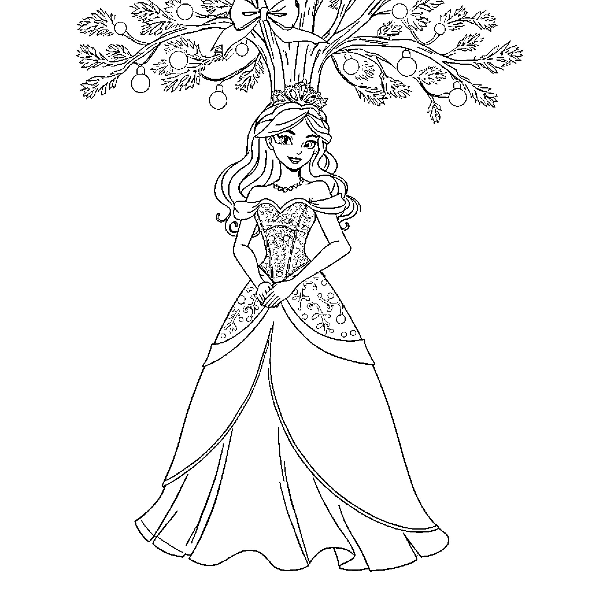 Princess in Elegant Floral Gown and Headdress Coloring Page (free black-and-white line drawing printable PDF for all, from beginners to advanced learners, including children, teens, adults, and seniors)