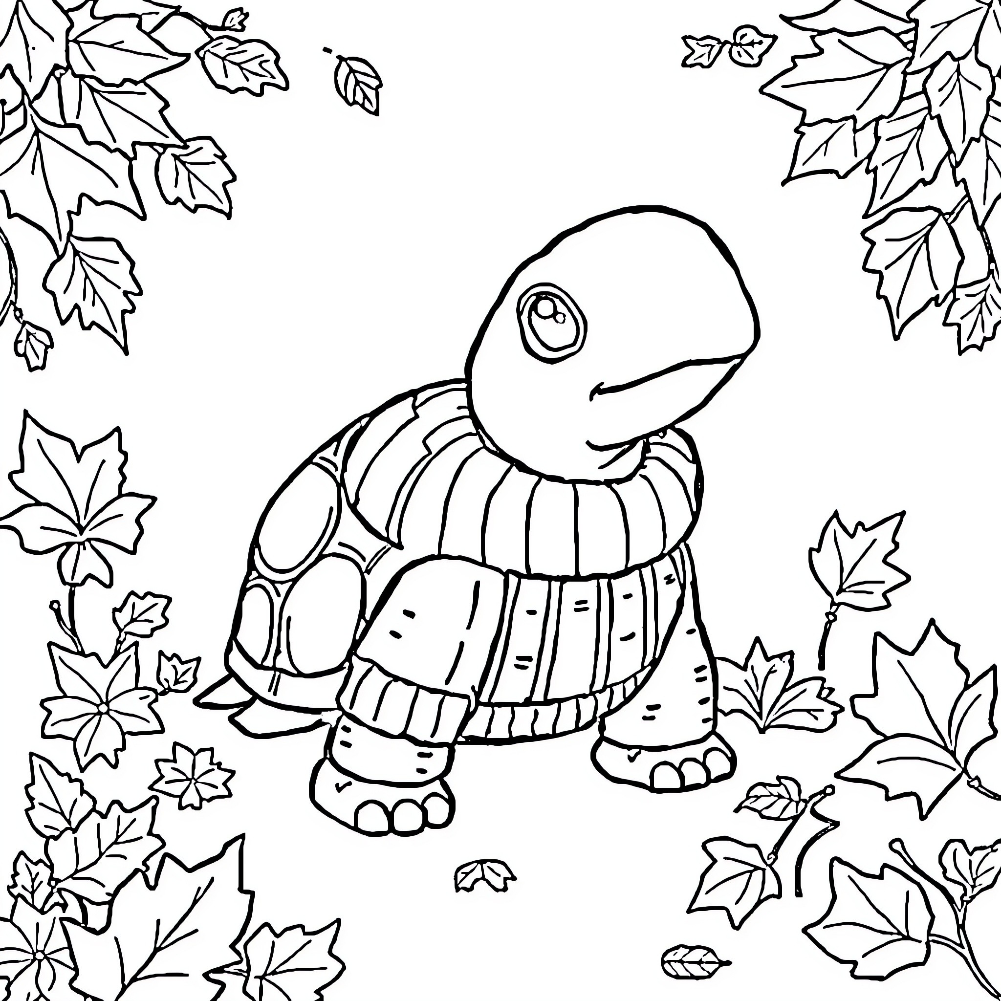 Turtle enjoying autumn leaves in the forest Coloring Page (free black-and-white line drawing printable PDF for all, from beginners to advanced learners, including children, teens, adults, and seniors)