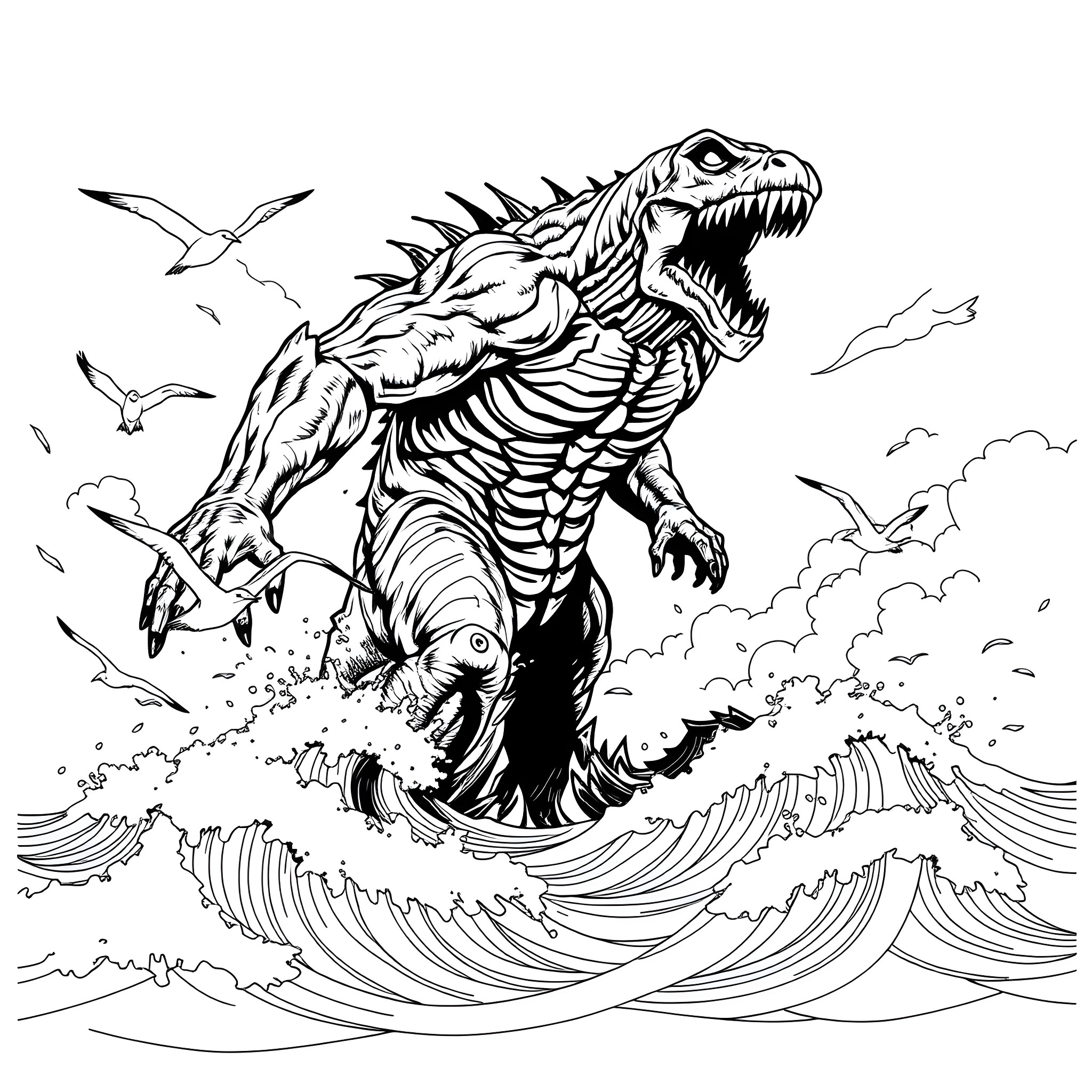 Zomboss Ravaging the Stormy Seas Coloring Page (free black-and-white line drawing printable PDF for all, from beginners to advanced learners, including children, teens, adults, and seniors)