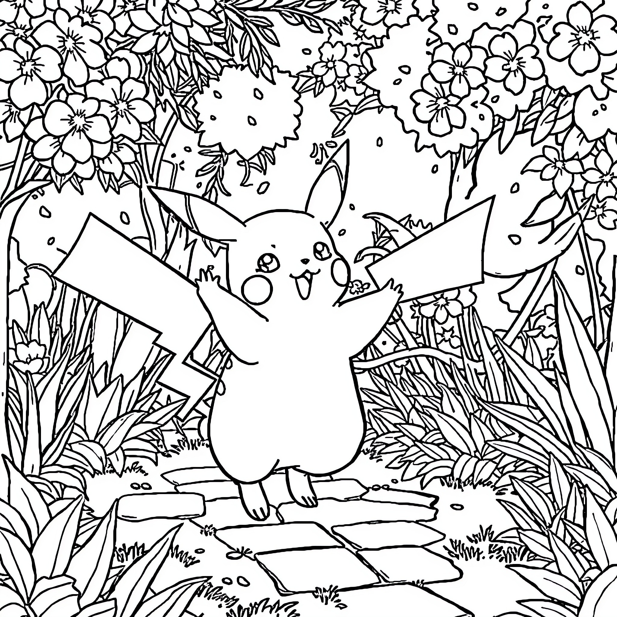 Cat Pokemon Playing in the Floral Garden Coloring Page (free black-and-white line drawing printable PDF for all, from beginners to advanced learners, including children, teens, adults, and seniors)