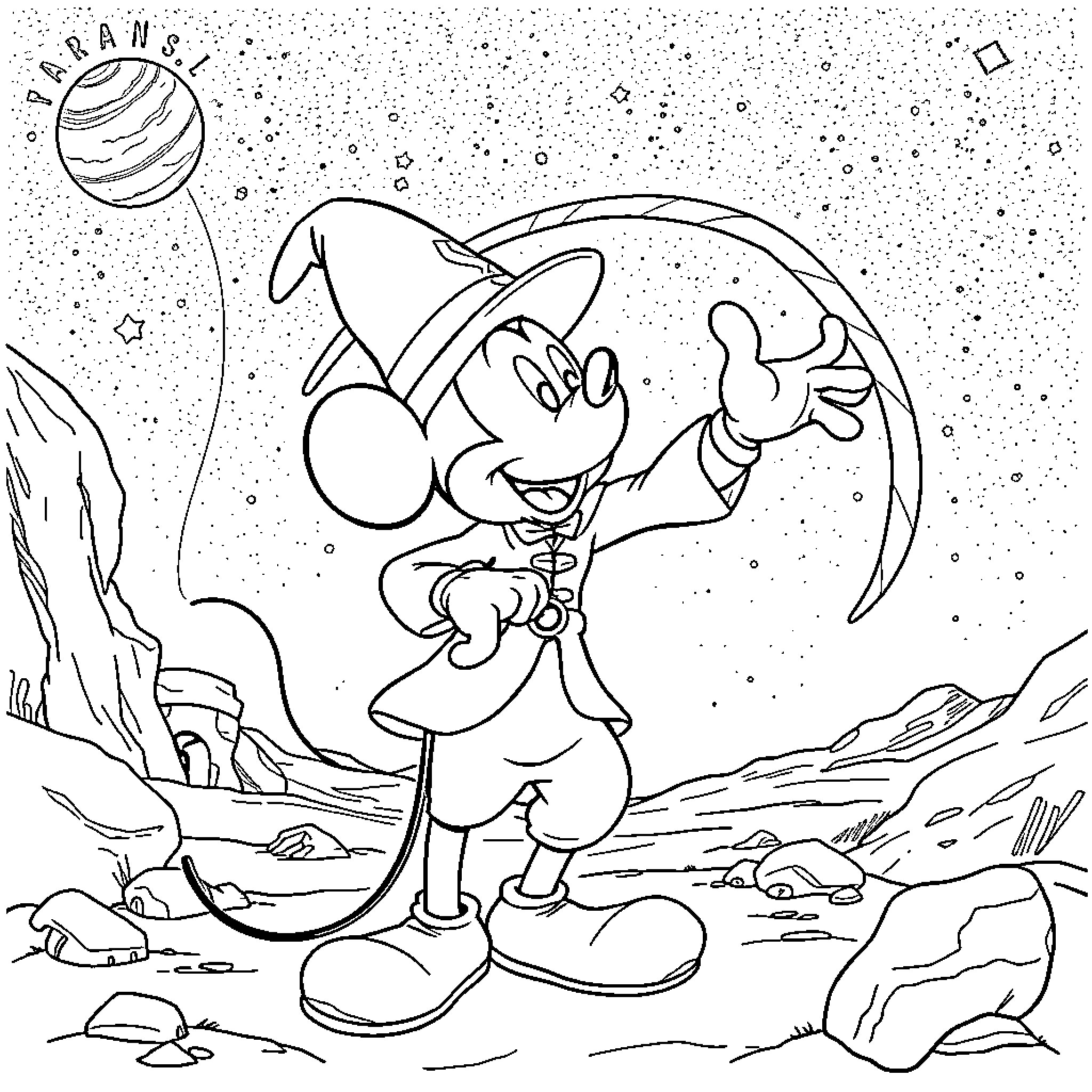 Mickey Mouse exploring the cosmic landscape Coloring Page (free black-and-white line drawing printable PDF for all, from beginners to advanced learners, including children, teens, adults, and seniors)
